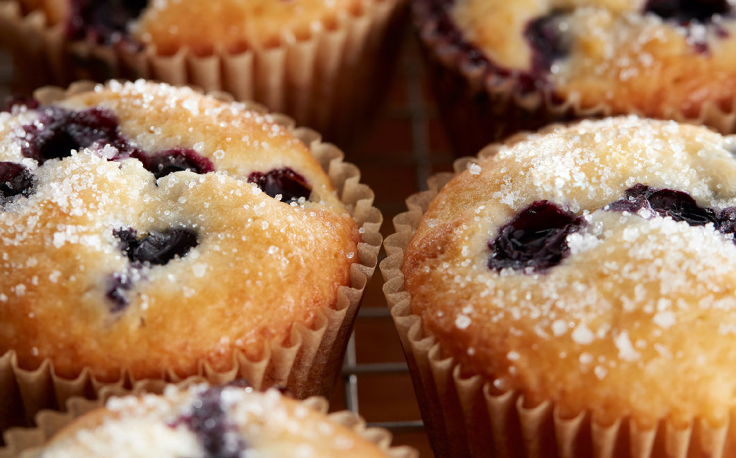 Closeup of freshly baked blueberry muffins sitting on a cooling rack