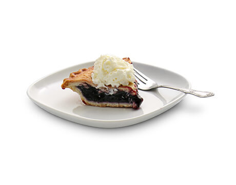 Slice of blueberry pie with a scoop of vanilla ice cream on a small white serving dish