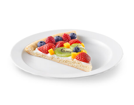 Slice of fruit pizza on a white plate