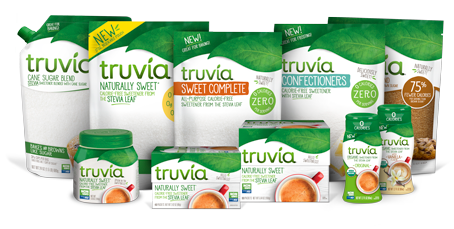 Layout of all the Truvia sweetener packages together on a transparent background