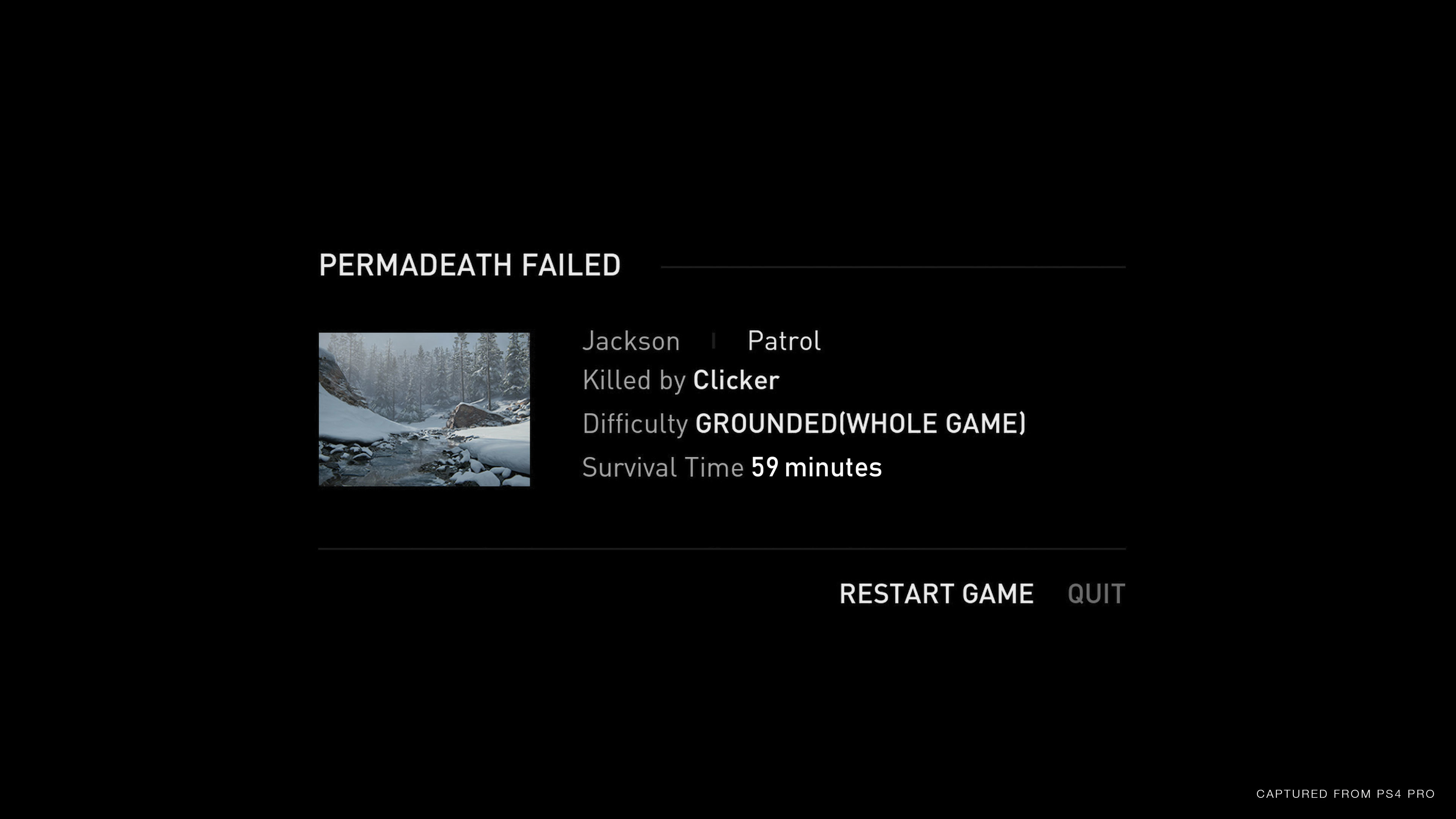 Permadeath failed screen showing: Jackson Patrol, Killed by Clicker, Difficulty Grounded (Whole Game), Survival Time 59 minutes, and Restart Game or Quit