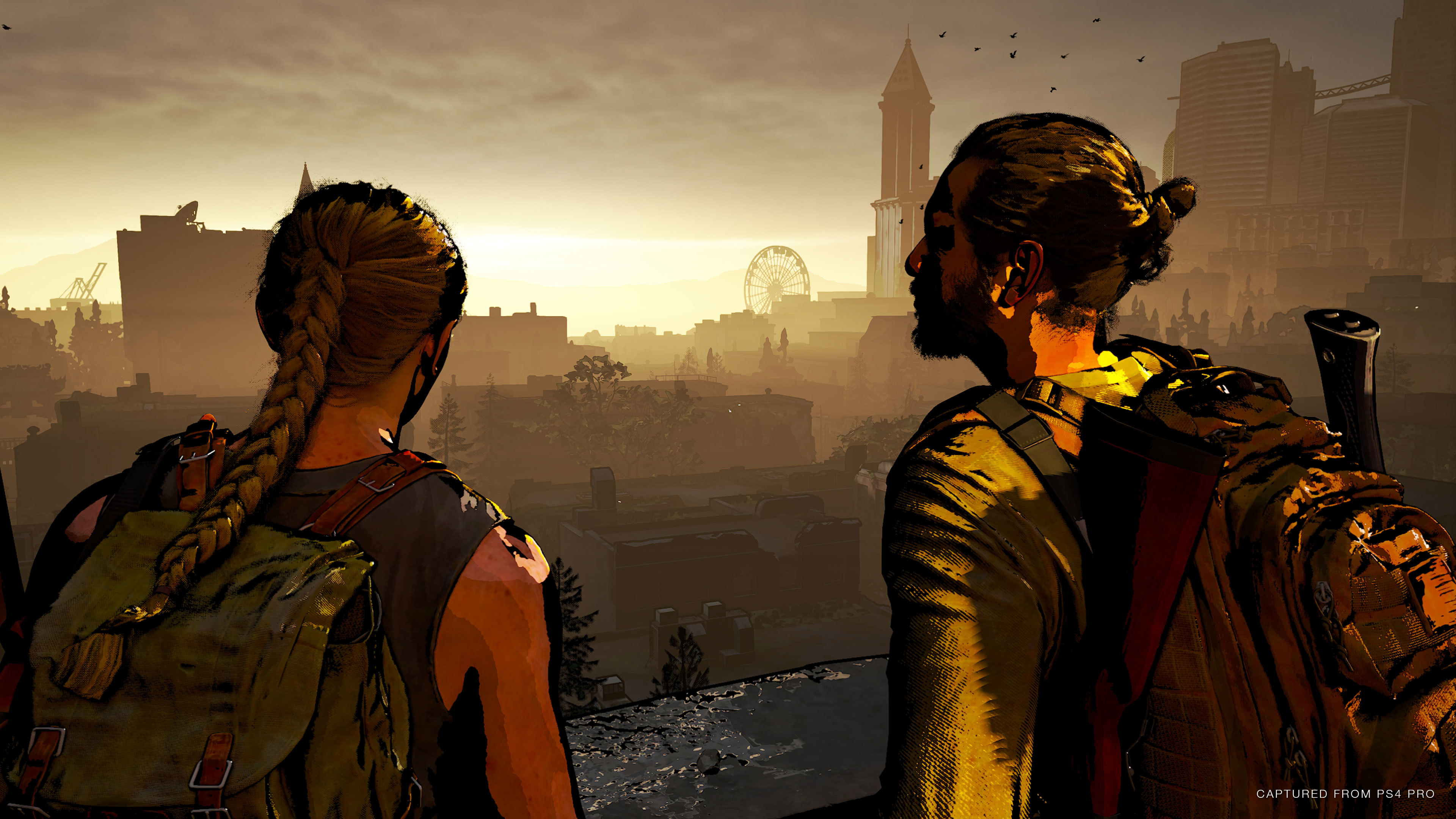 Abby and Manny look out at the Ferris Wheel in the distance with the Dungeon render mode over the image.