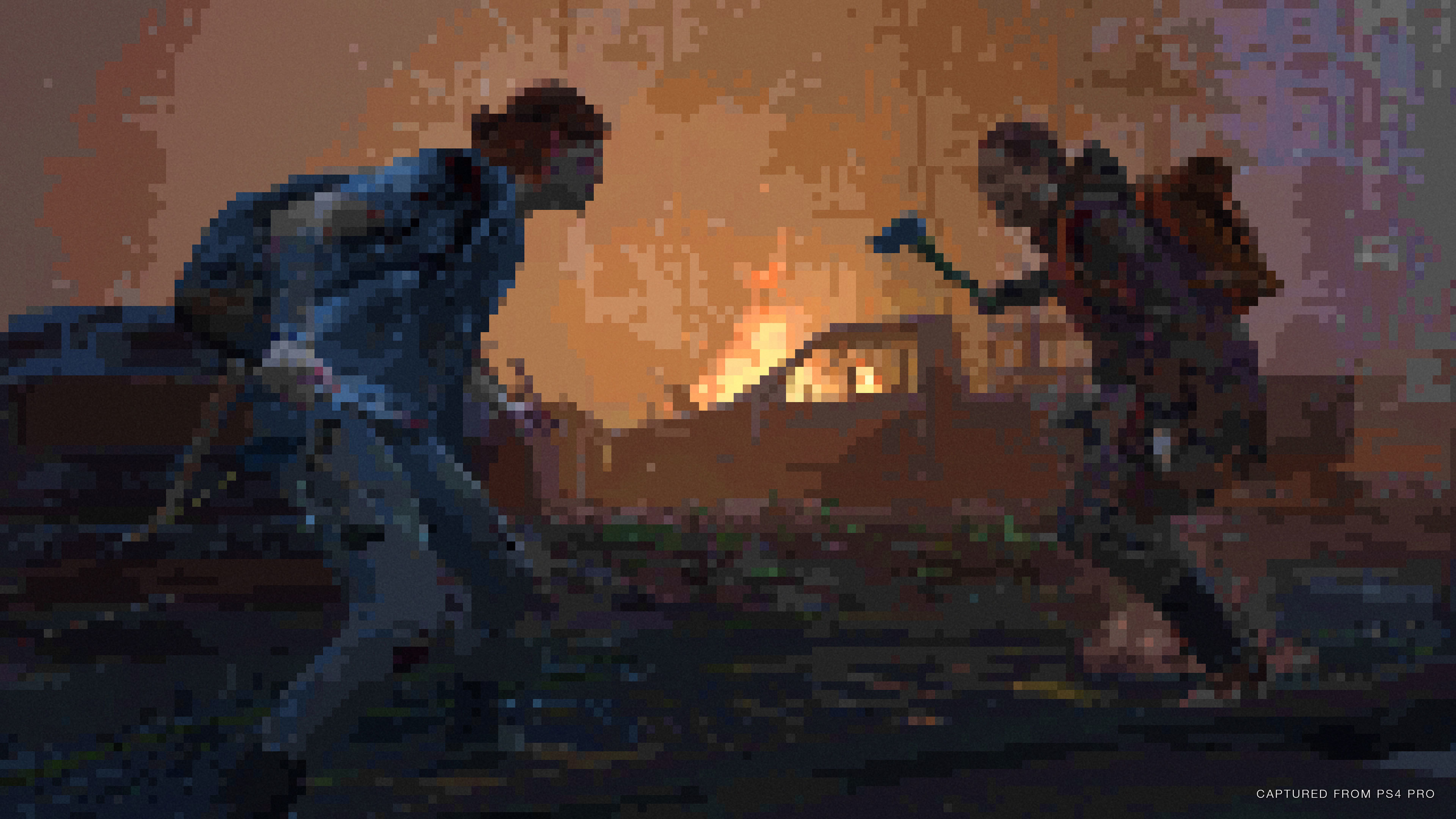 Ellie stands to the left of an enemy brandishing an axe against a fire lit background with the 8-bit render mode over the action.