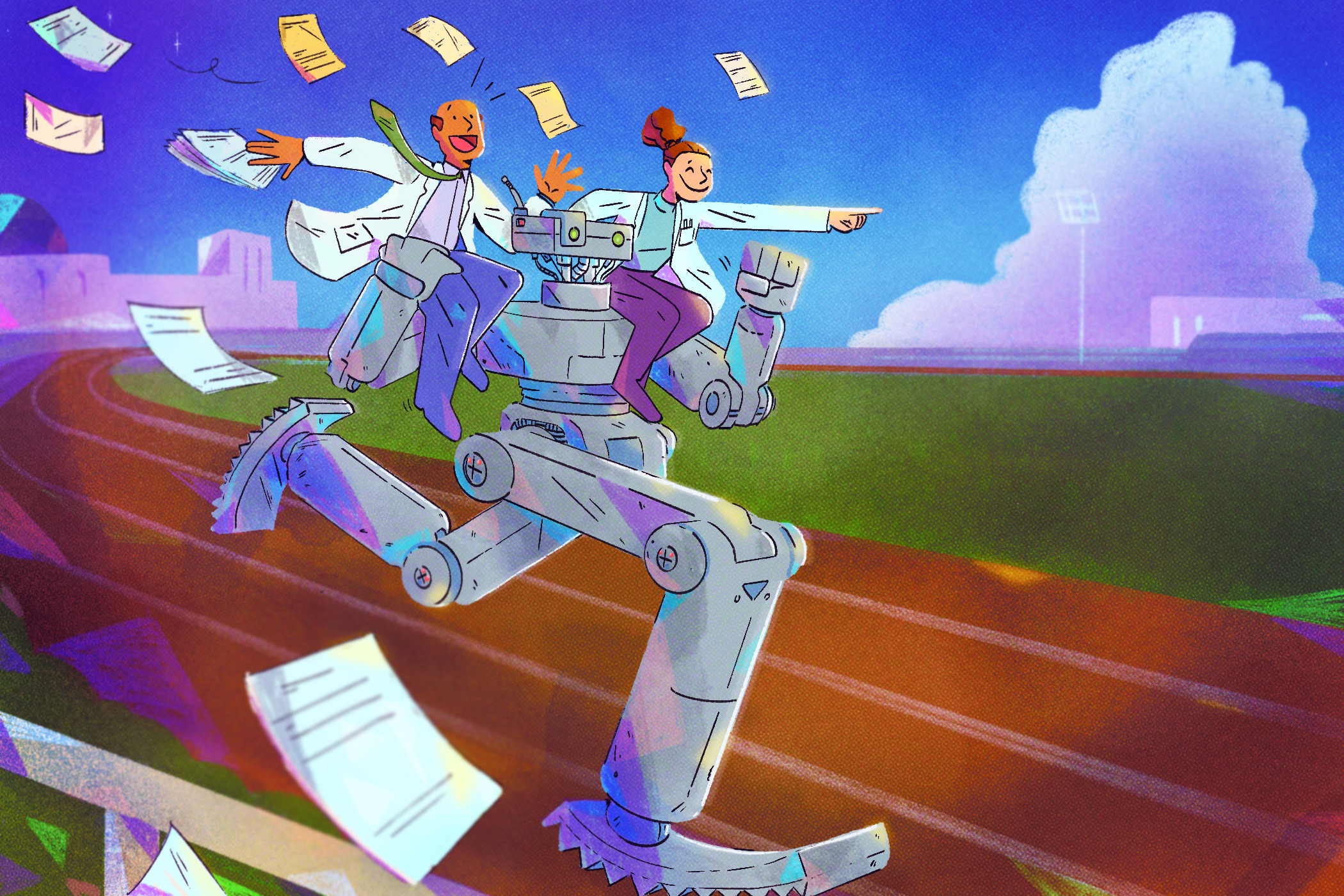 Robot carrying happy scientists toward a finish line.