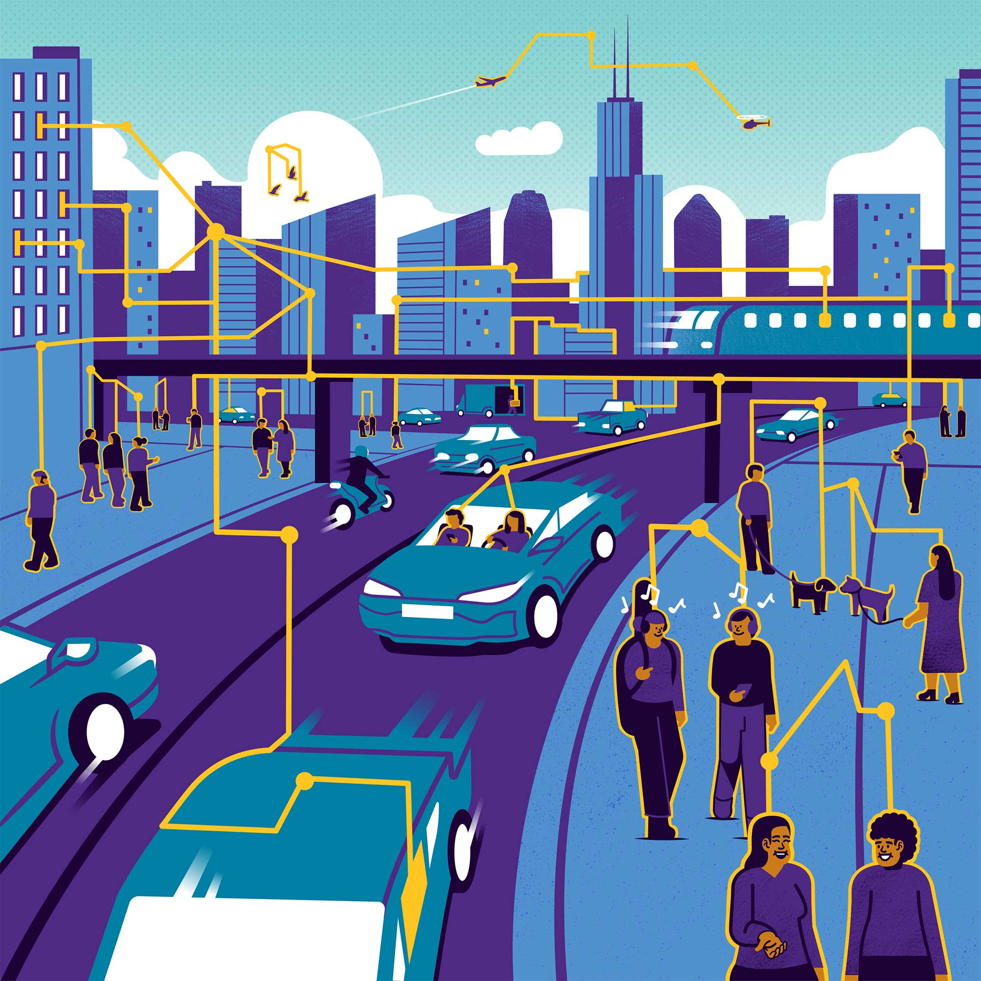 People walking around a city