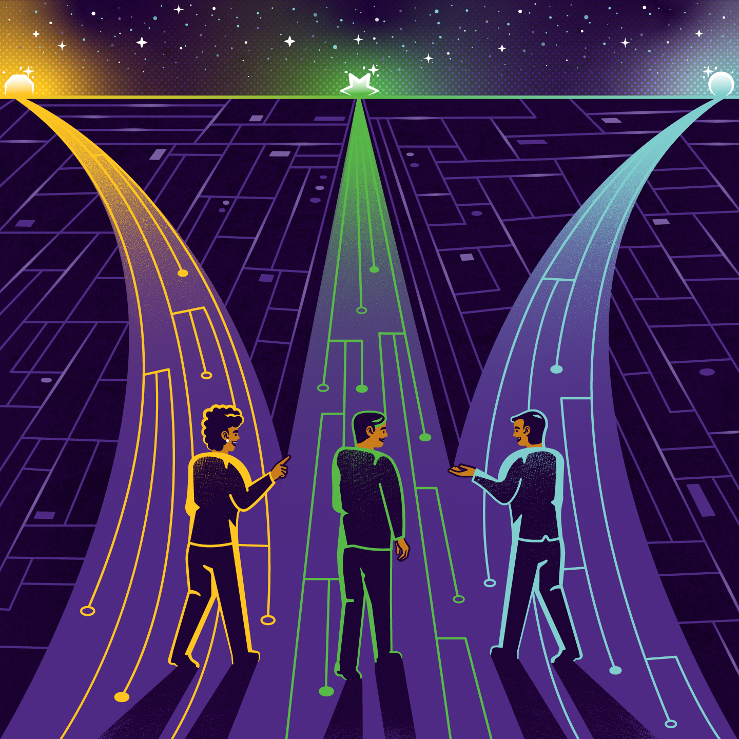 Technology graphic showing people walking on different paths