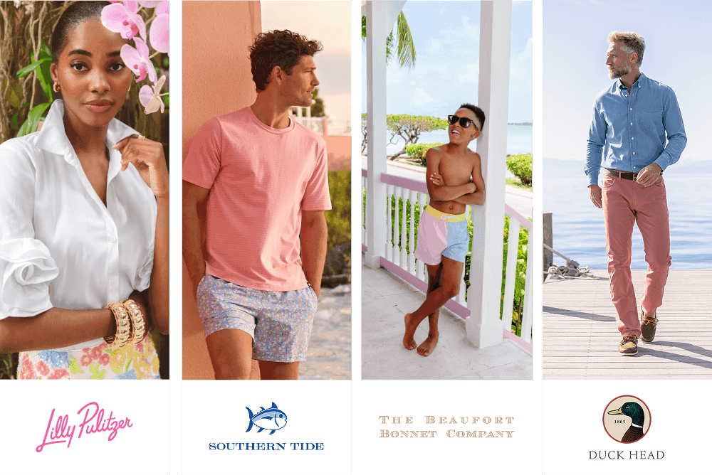 Model images of Lilly Pulitzer, Southern Tide, The Beaufort Bonnet Company, and Duck Head