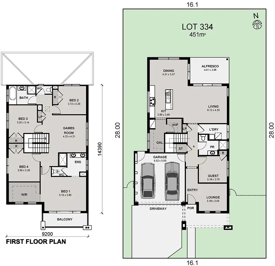 A two-story house floor plan showing ground and first floors. The ground floor has garage, entry, lounge, guest room, living, dining, alfresco, and kitchen. The first floor has four bedrooms, a games room, bathroom, and balcony.