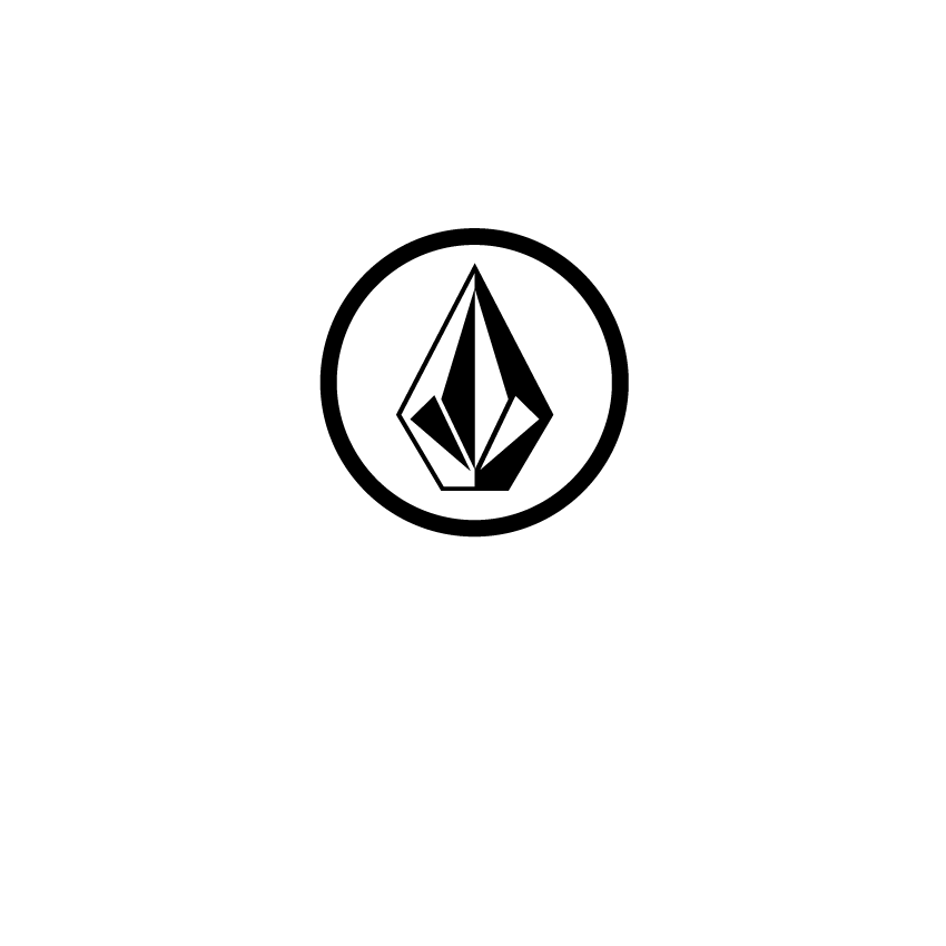White Volcom logo on black background: circular emblem with geometric diamond shape above bold uppercase text.