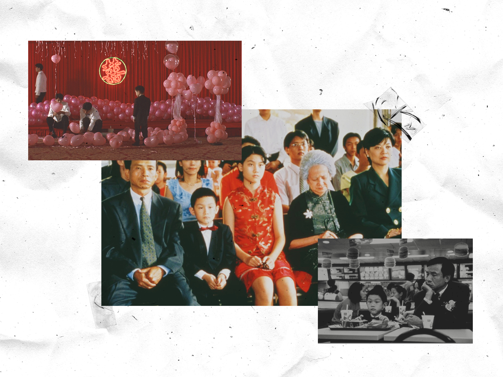 Collage of 3 images: A young boy stands in front of a red curtain surrounded by pink balloons and decorations; a Taiwanese family sit together dressed in formal attire, and a black and white image of a father and son at a McDonalds.