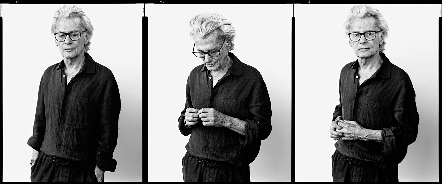 Three black and white portraits of elderly man with glasses and grey hair in dark shirt, shown in different poses against plain background.