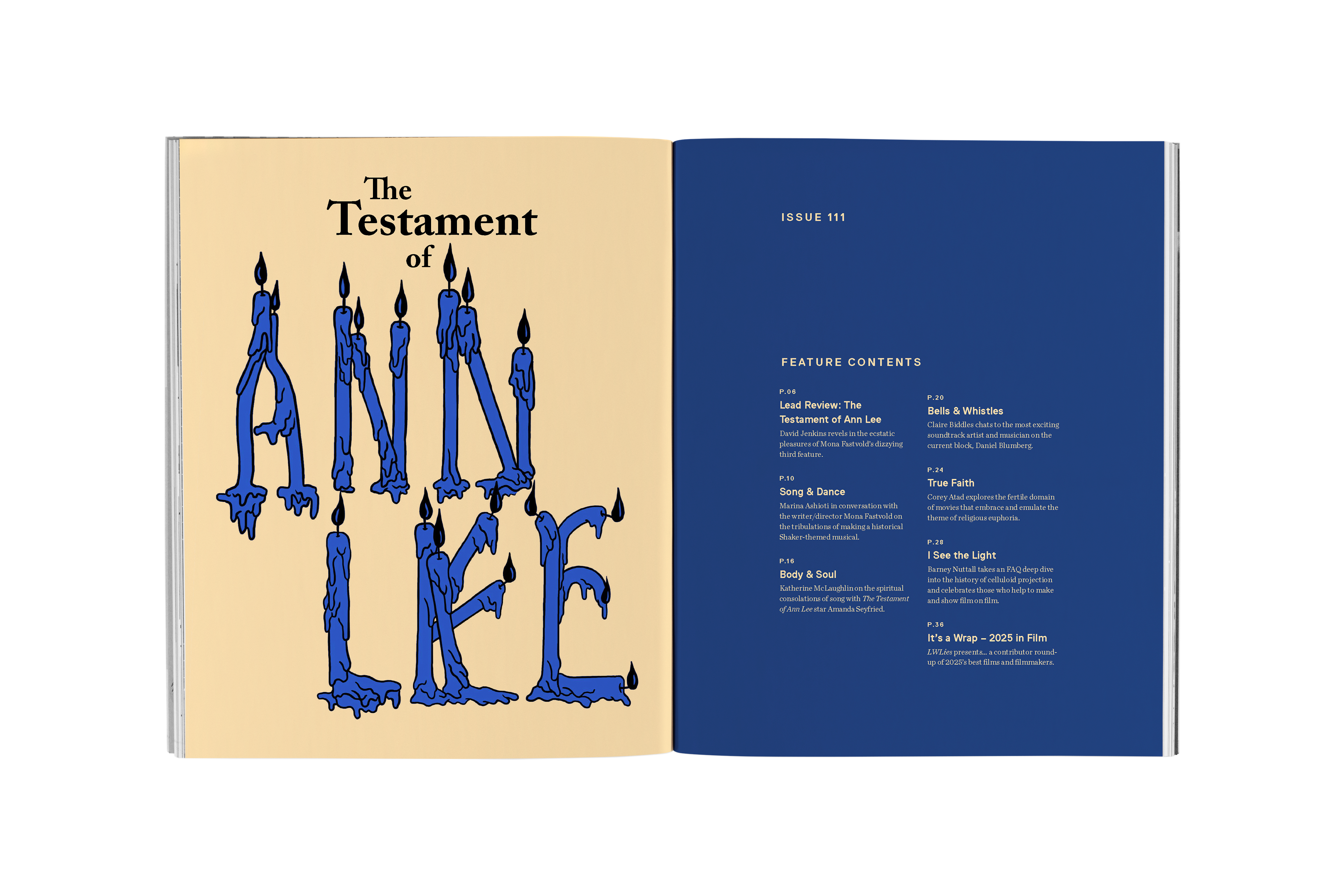 Open book with cream left page showing "The Testament of ANN LEE" in black and blue text, blue right page with white text listing contents.
