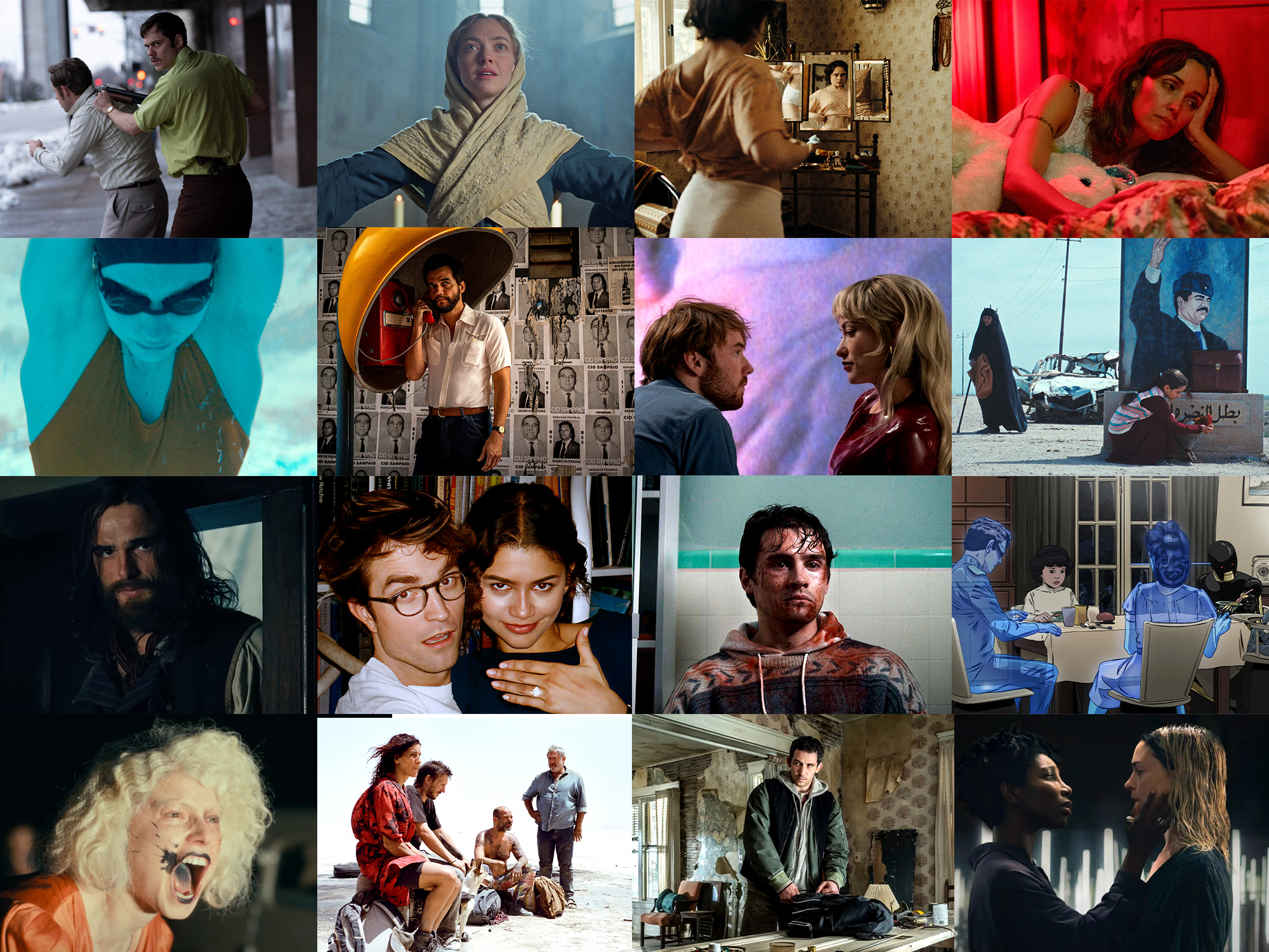 Grid of 16 film stills showing various characters and scenes. Mix of colour and darker tones with blue, red, yellow accents throughout different frames.
