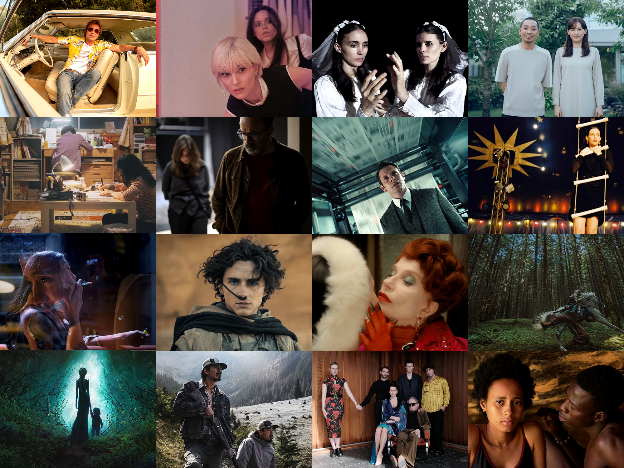 Film collage grid with 16 movie stills showing various actors, scenes, and genres from different time periods in rectangular frames.