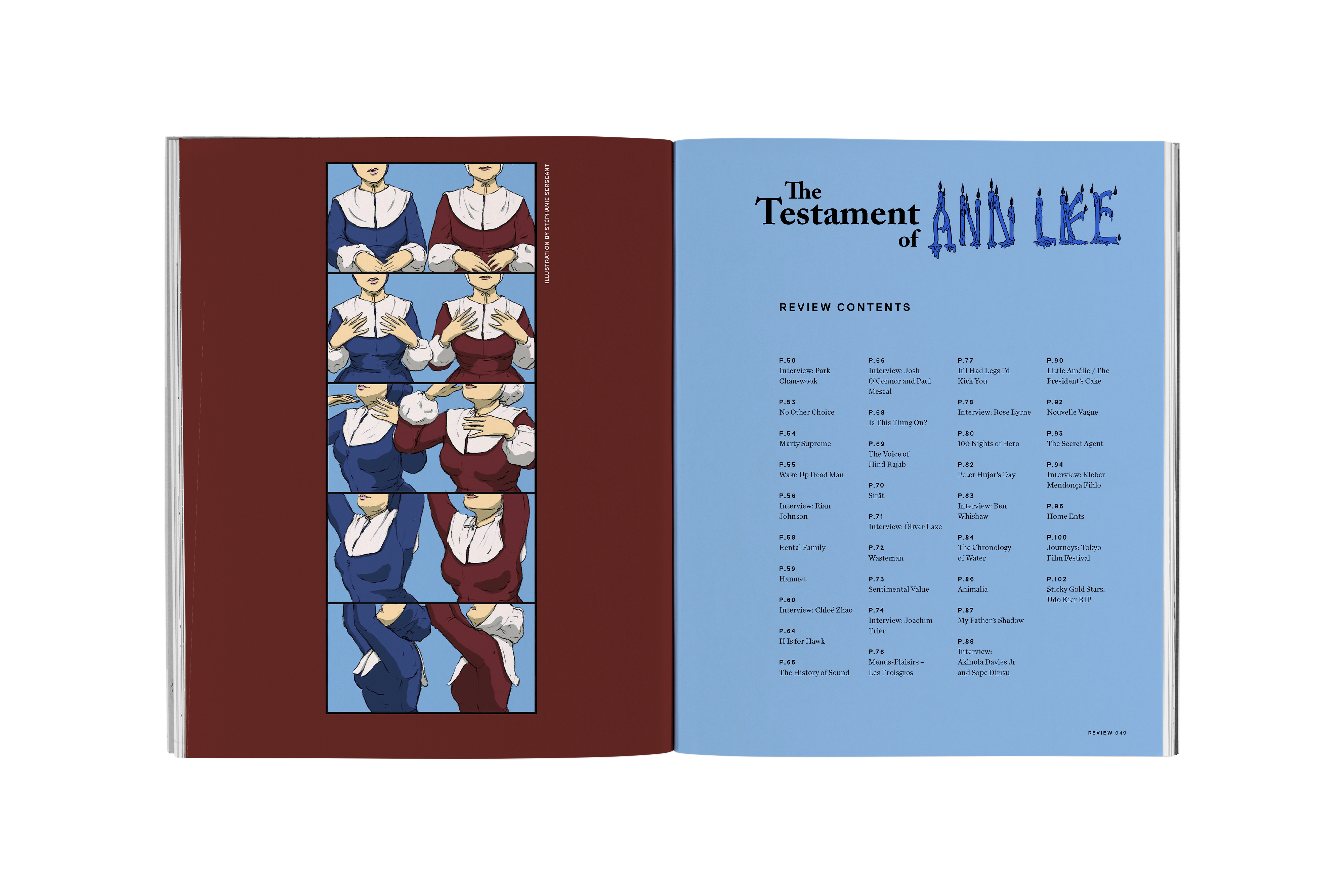 Open book with colourful geometric illustration on left page featuring blue, orange, and white shapes, right page shows contents listing.