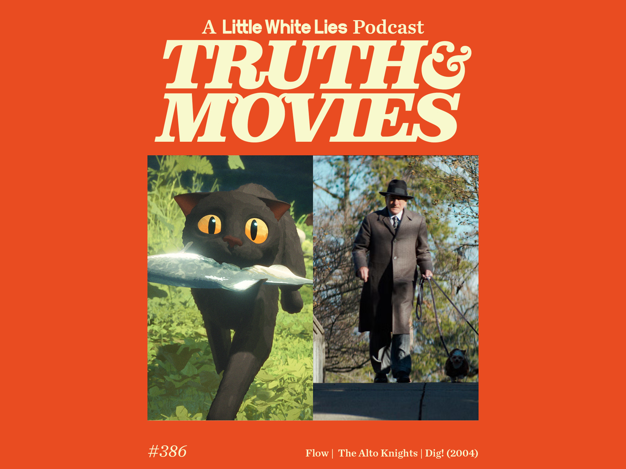 Animated black cat with glowing eyes in a woodland scene; man in a long coat standing outdoors. Text: "Truth & Movies - A Little White Lies Podcast".