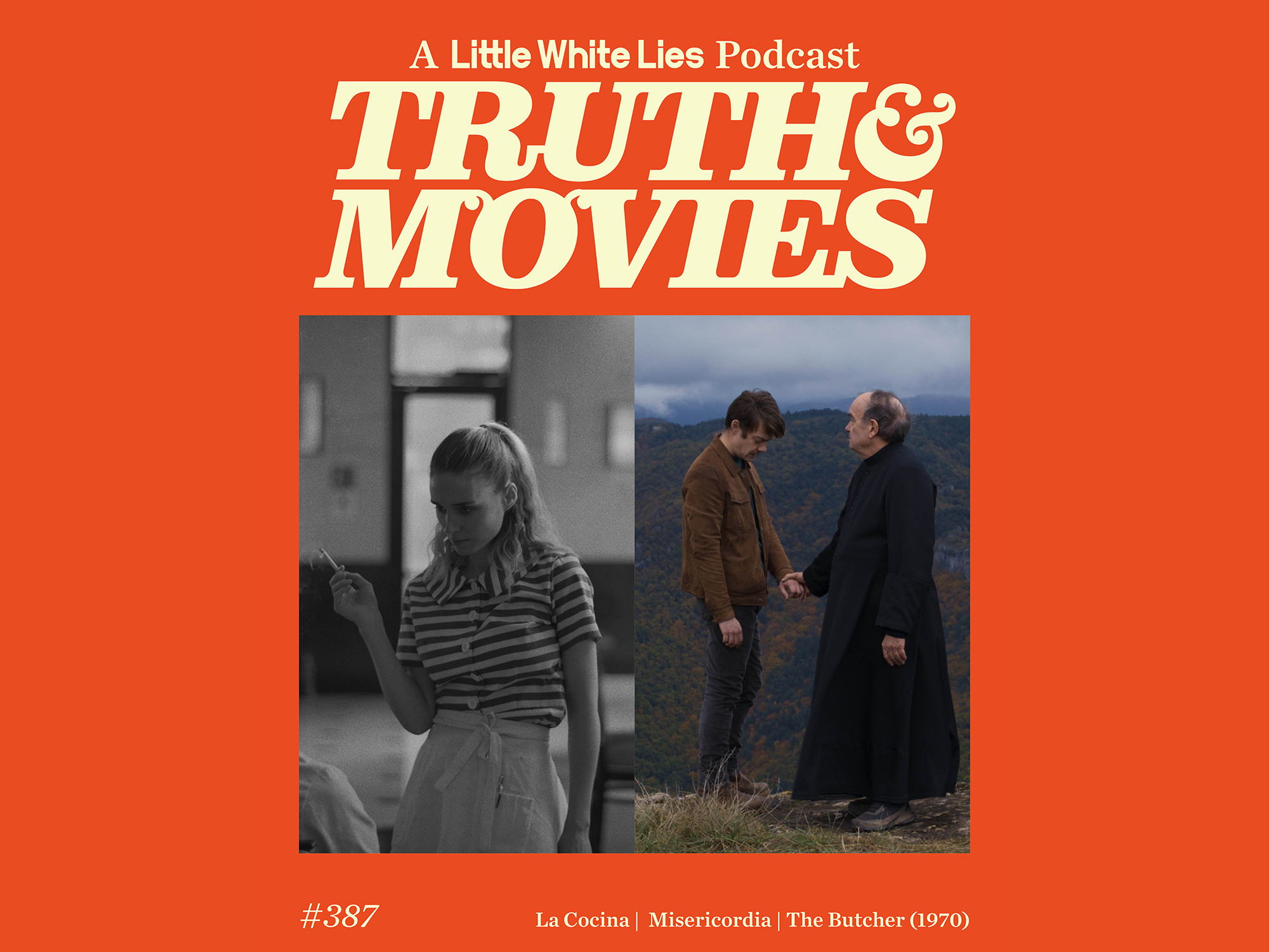 Black-and-white film still showing two men in long coats conversing, with a woman wearing a striped jumper in the foreground.