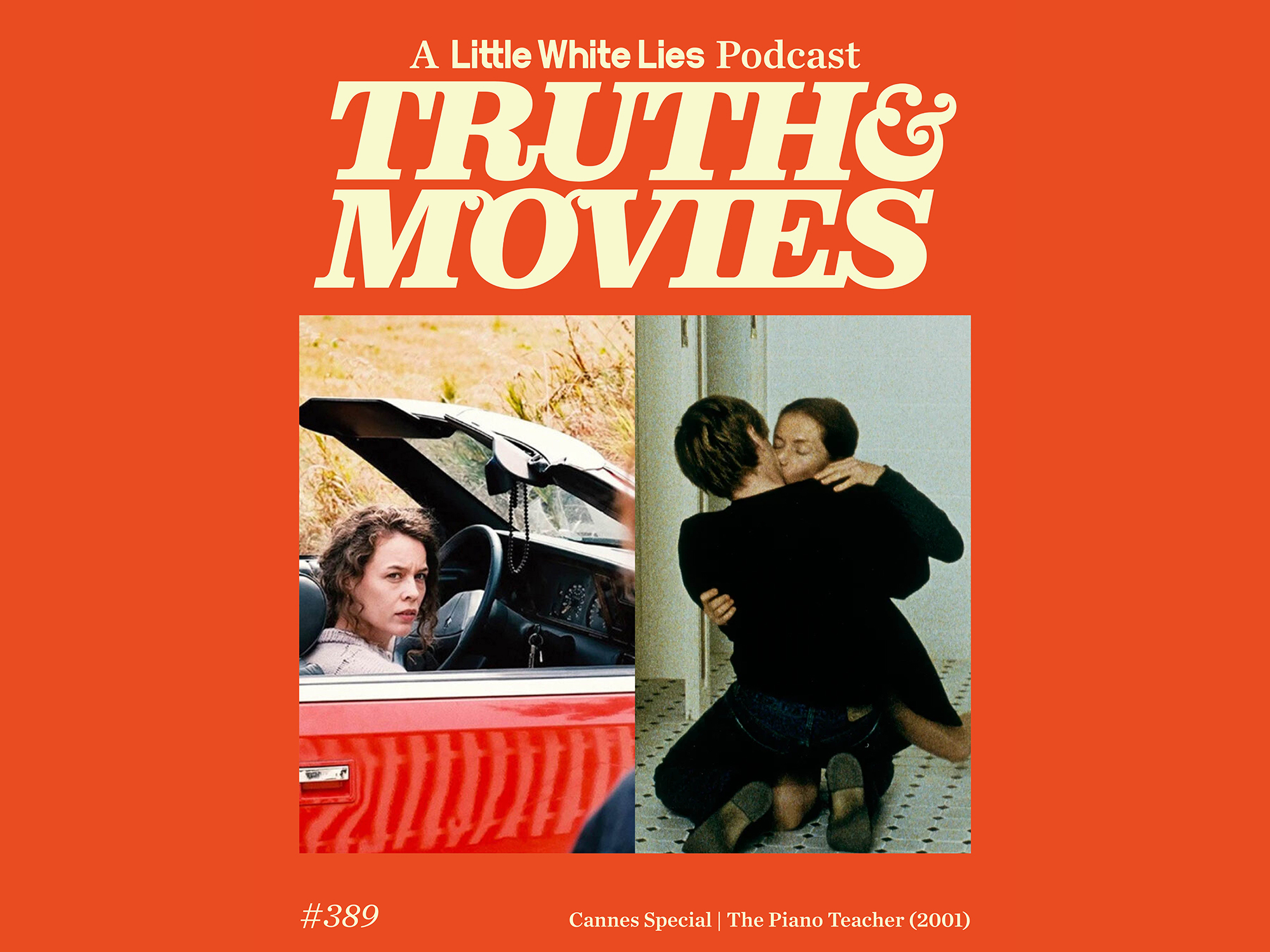 Illustration featuring a red and white text-based podcast logo, "Truth & Movies", and two film stills - one showing a woman in a red convertible car, the other showing two people embracing.