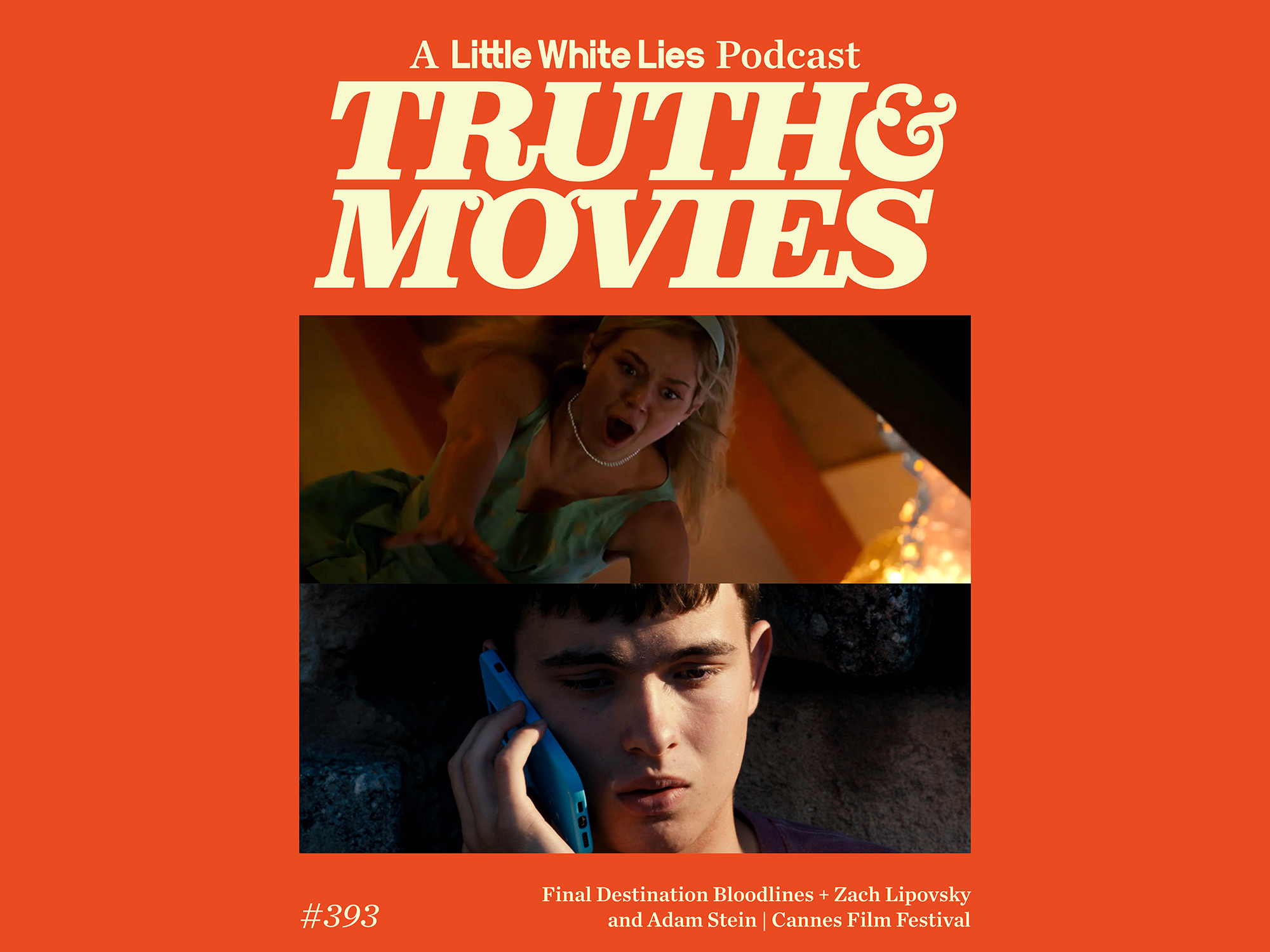 A podcast artwork featuring the title "Truth & Movies" against an orange background, with images of two people - a woman looking surprised and a man talking on a phone.