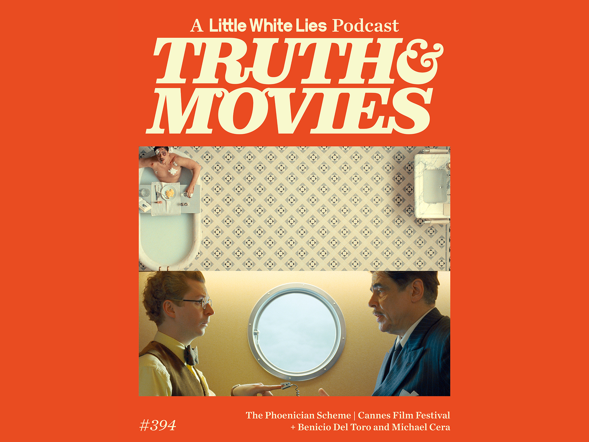Two men seated in an interior setting, with patterned wallpaper and a circular window visible. Bright orange text and logo for the "Truth & Movies" podcast.