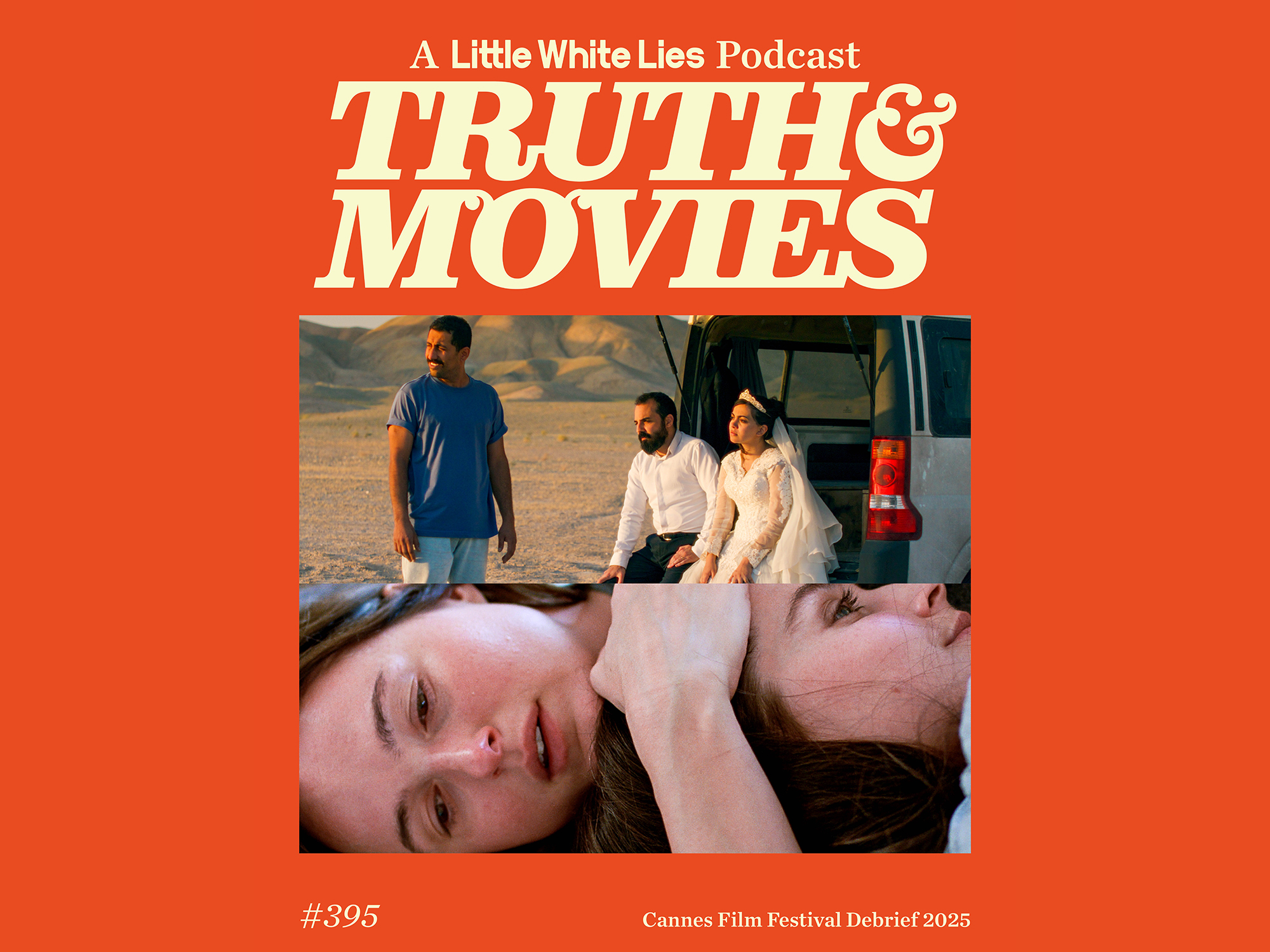 Sleeping woman in foreground, people in background, red and white text overlay