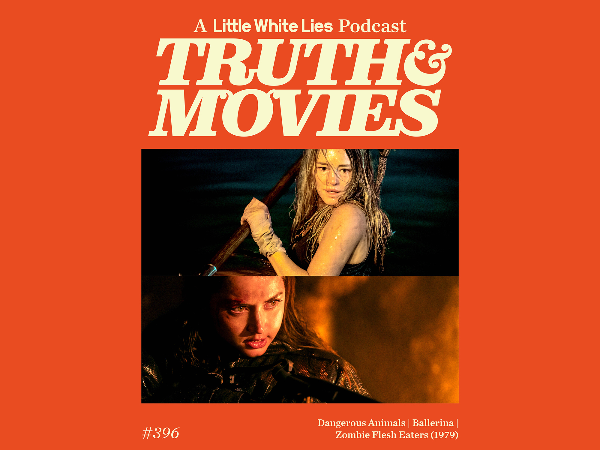 Fiery orange background with bold text "Truth & Movies"; two images, one of a woman with long dark hair and another of a man with a fierce expression.