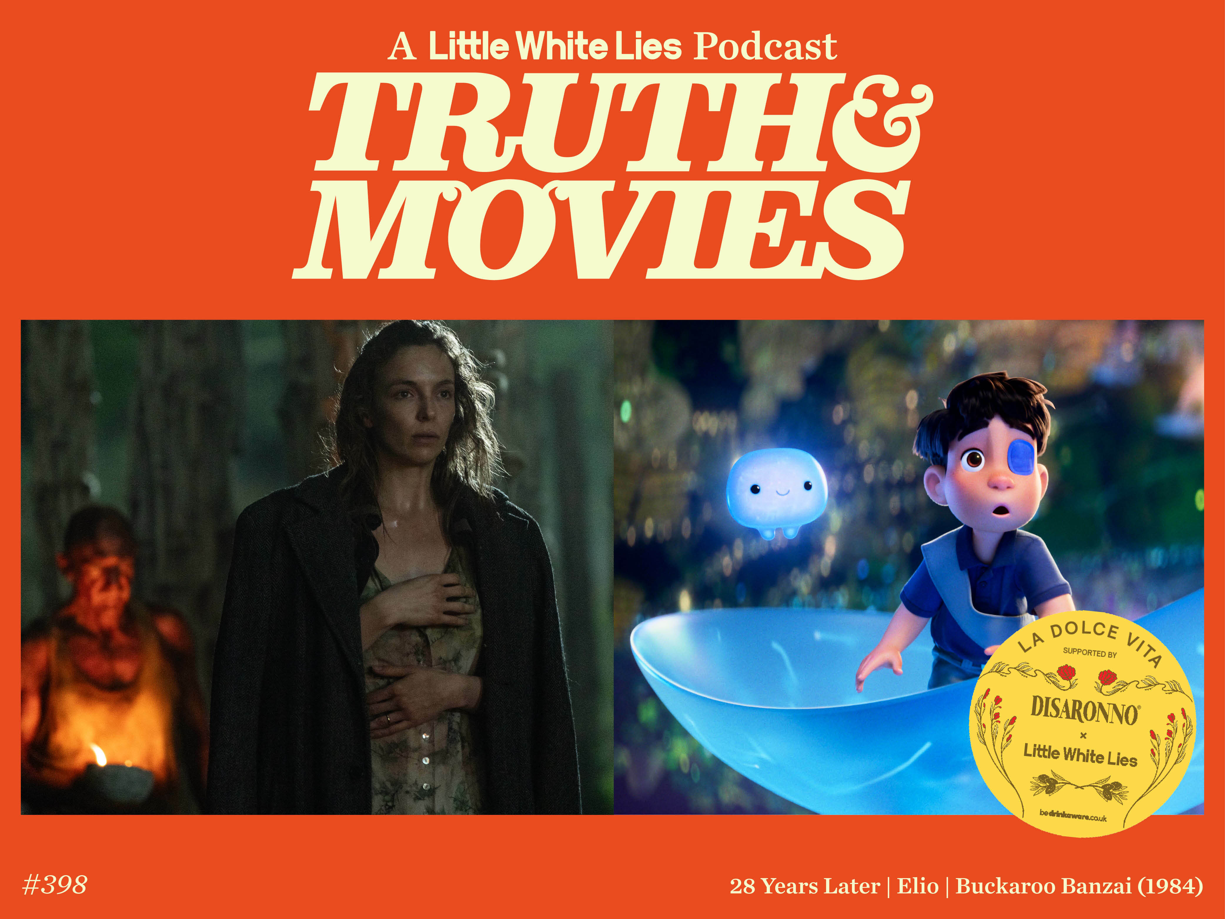 A woman in a black coat, a movie poster with a cartoon boy in a blue boat, and a gold-coloured medal.