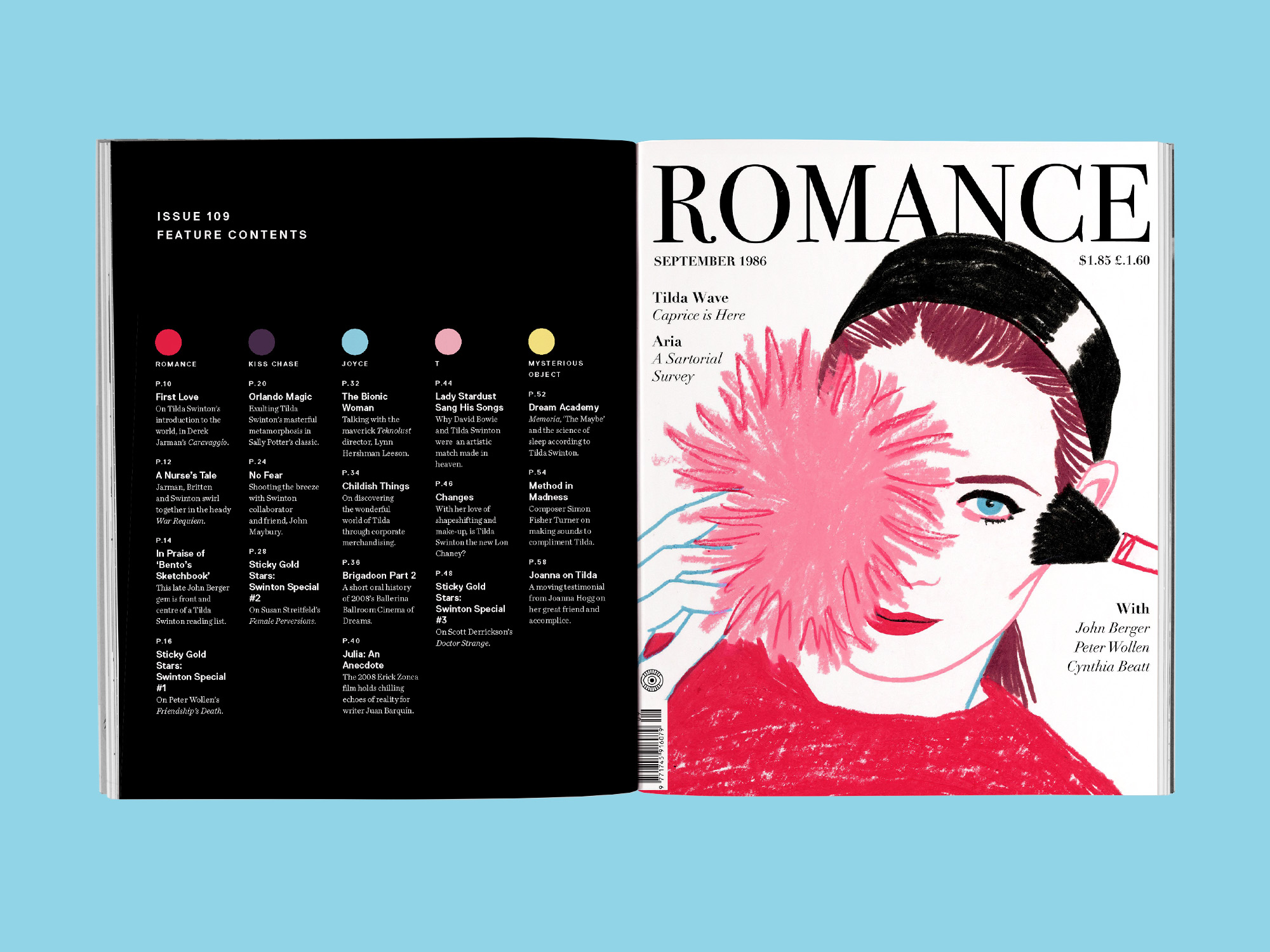 Magazine spread with black contents page on left and white cover on right featuring stylised portrait with pink hair and red clothing.
