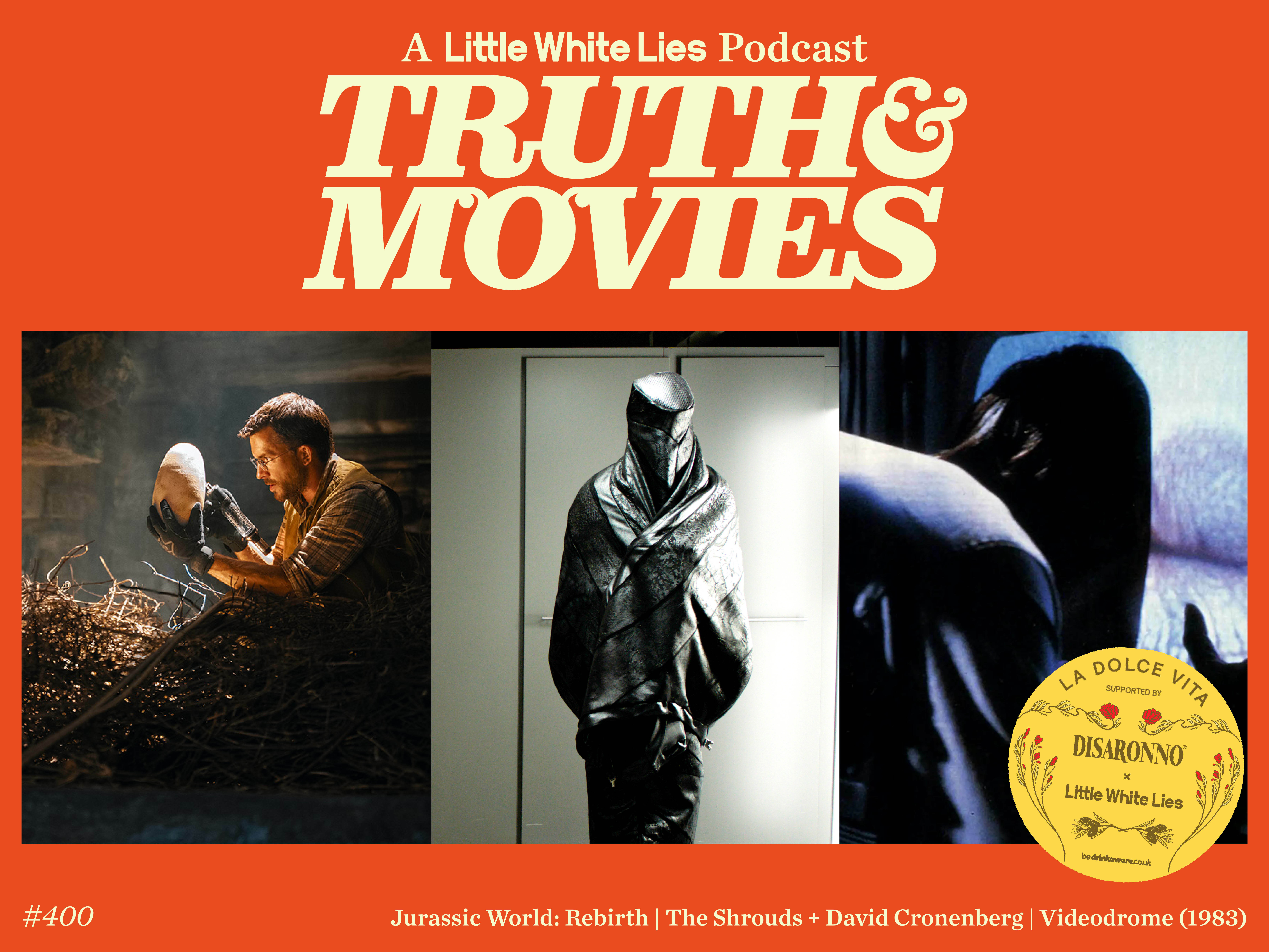 Orange background with white text "TRUTH & MOVIES" podcast logo. Three film stills below: laboratory scene, masked figure, silhouetted person.