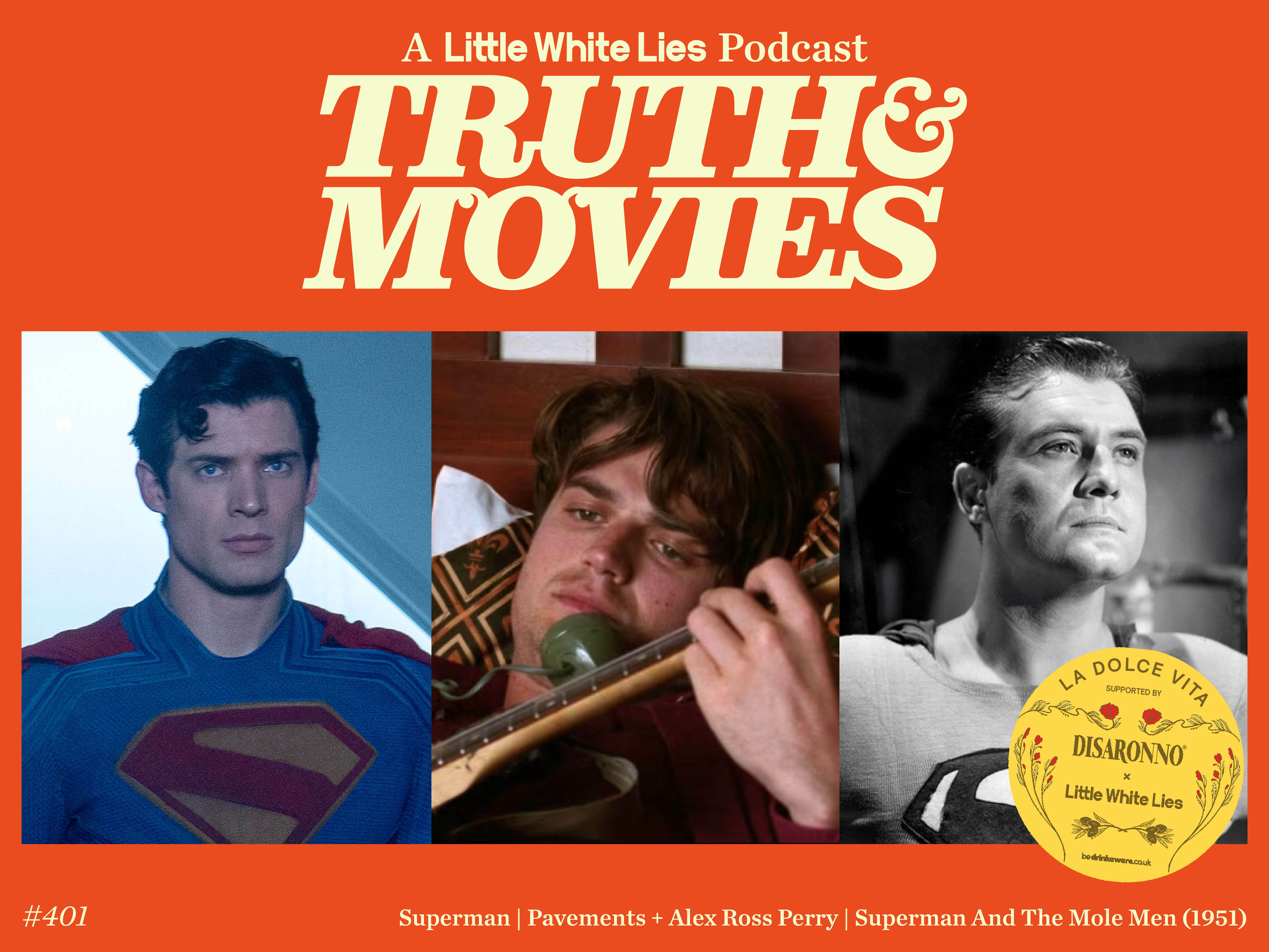 Orange background with white text "TRUTH & MOVIES" above three film stills showing Superman, man with telephone, and black-and-white portrait.