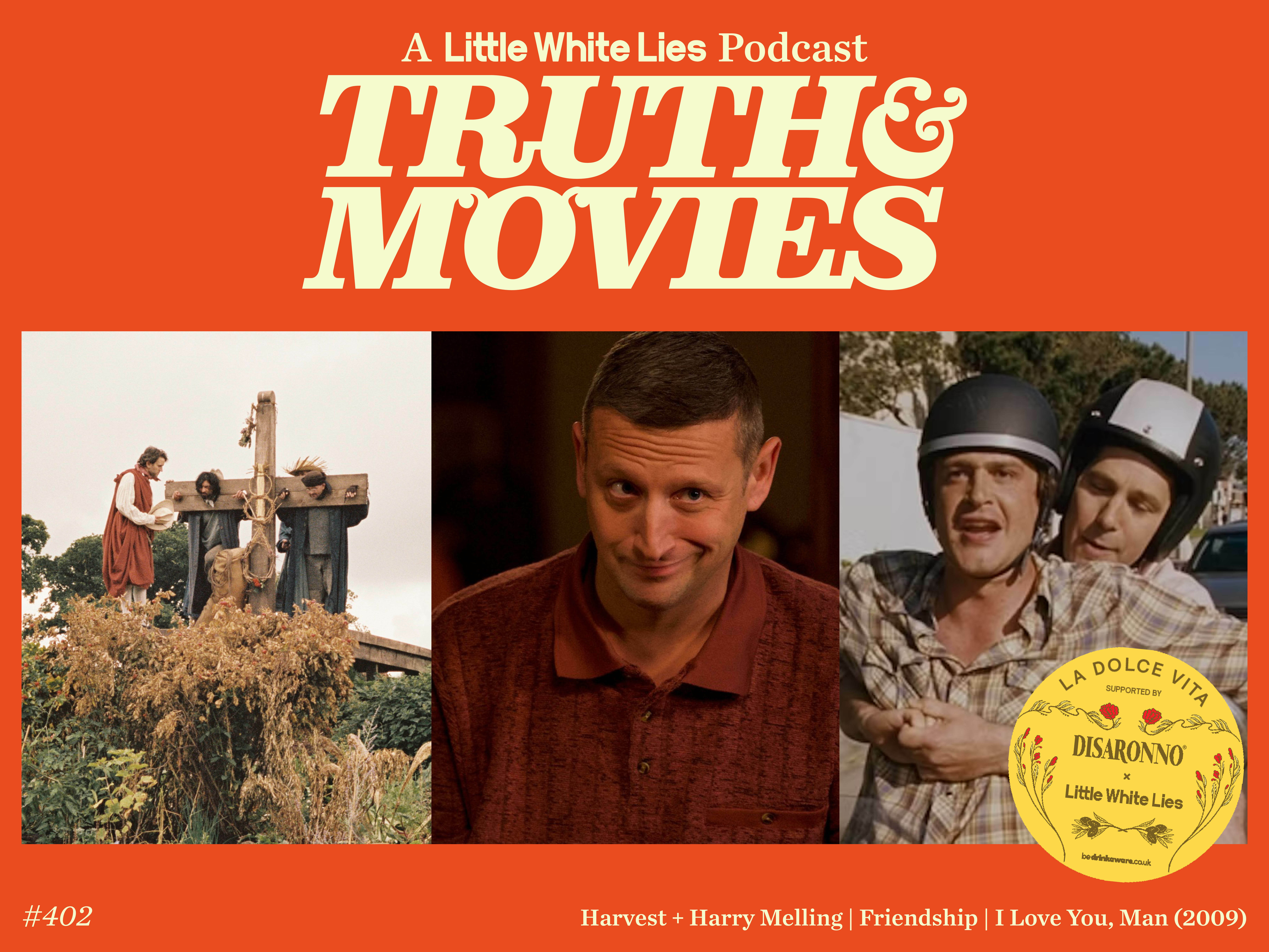 Orange background with white text "TRUTH & MOVIES" at top. Three film stills below: rural scene, man in red shirt, two men in period costume. Gold circular logo bottom right.