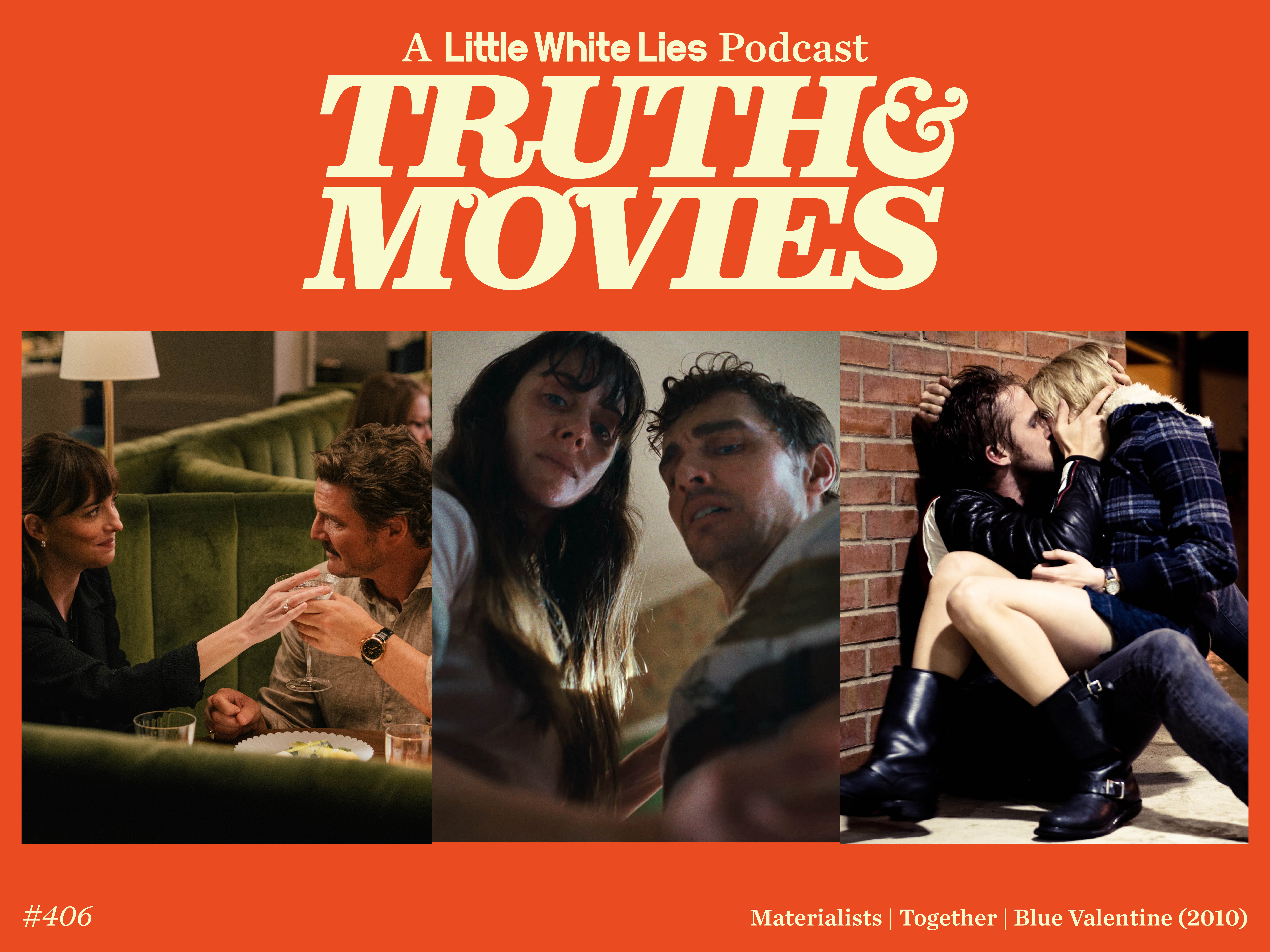 Orange background with white and yellow text reading "Truth & Movies" podcast logo. Three film stills below showing couples in intimate scenes.