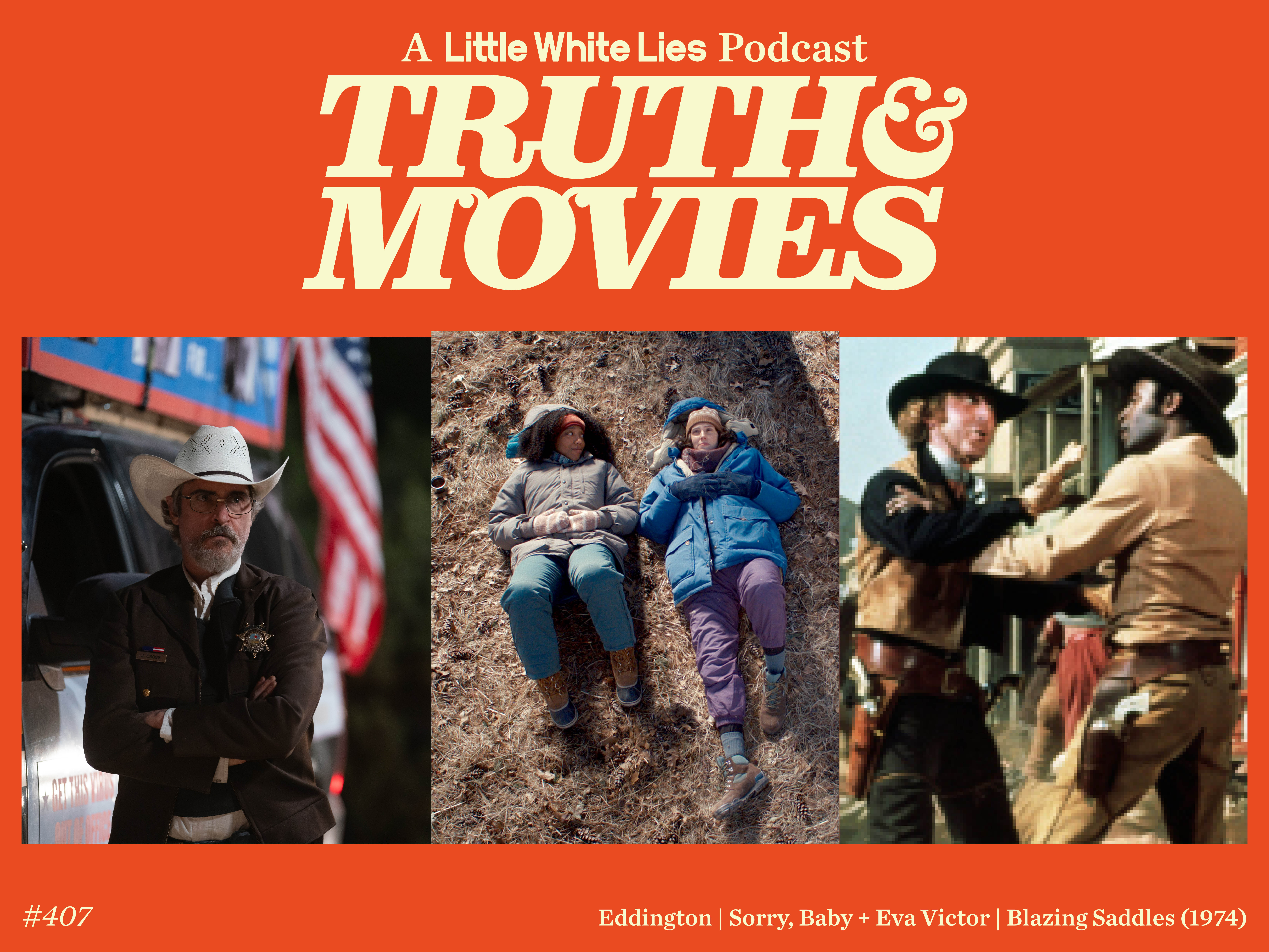 Orange podcast cover with cream text reading "A Little White Lies Podcast TRUTH & MOVIES". Three film stills below showing various scenes with people in different settings.