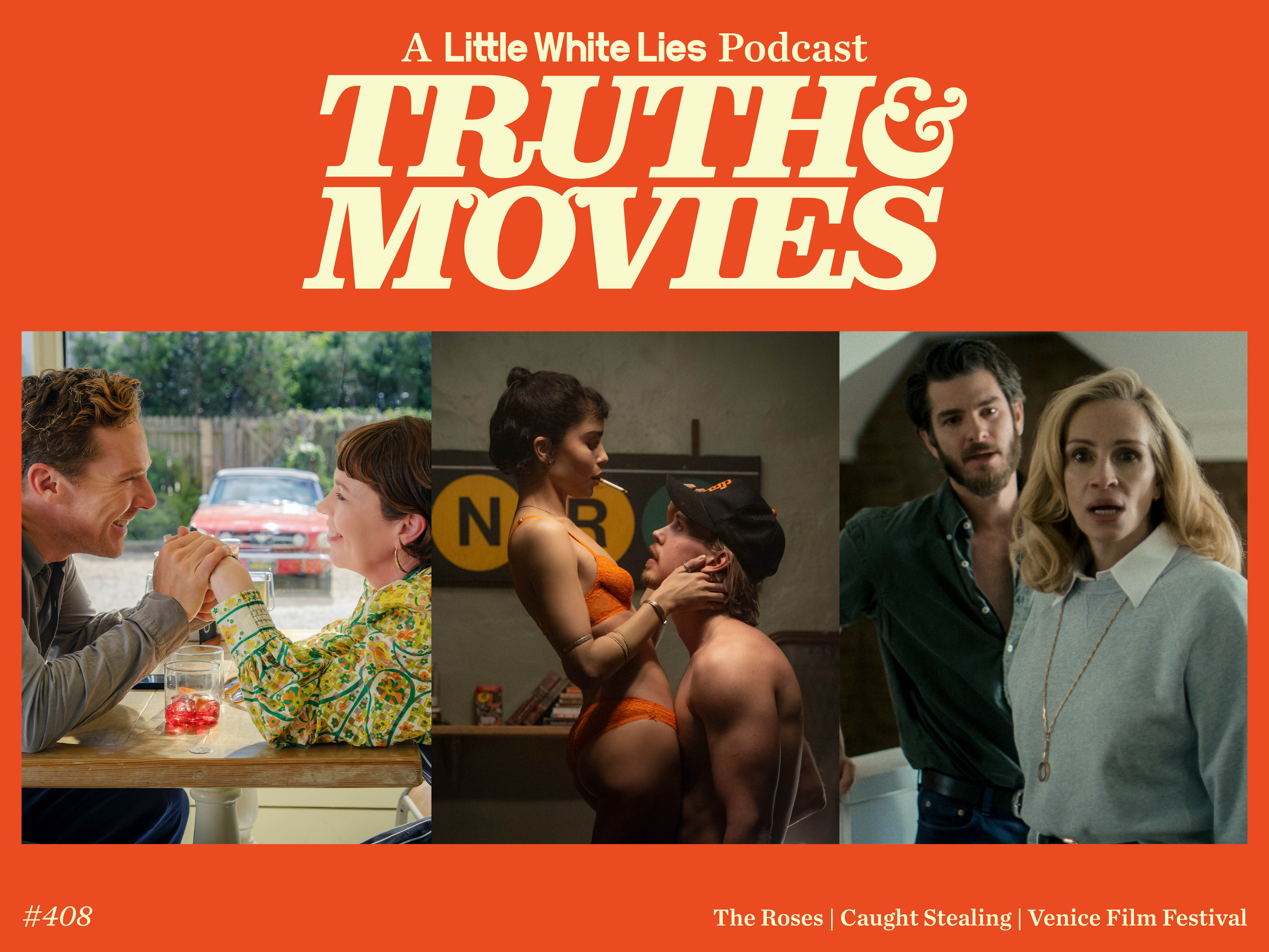 Orange background with cream text "TRUTH & MOVIES" podcast logo. Three film stills below showing people in conversation and intimate scenes.