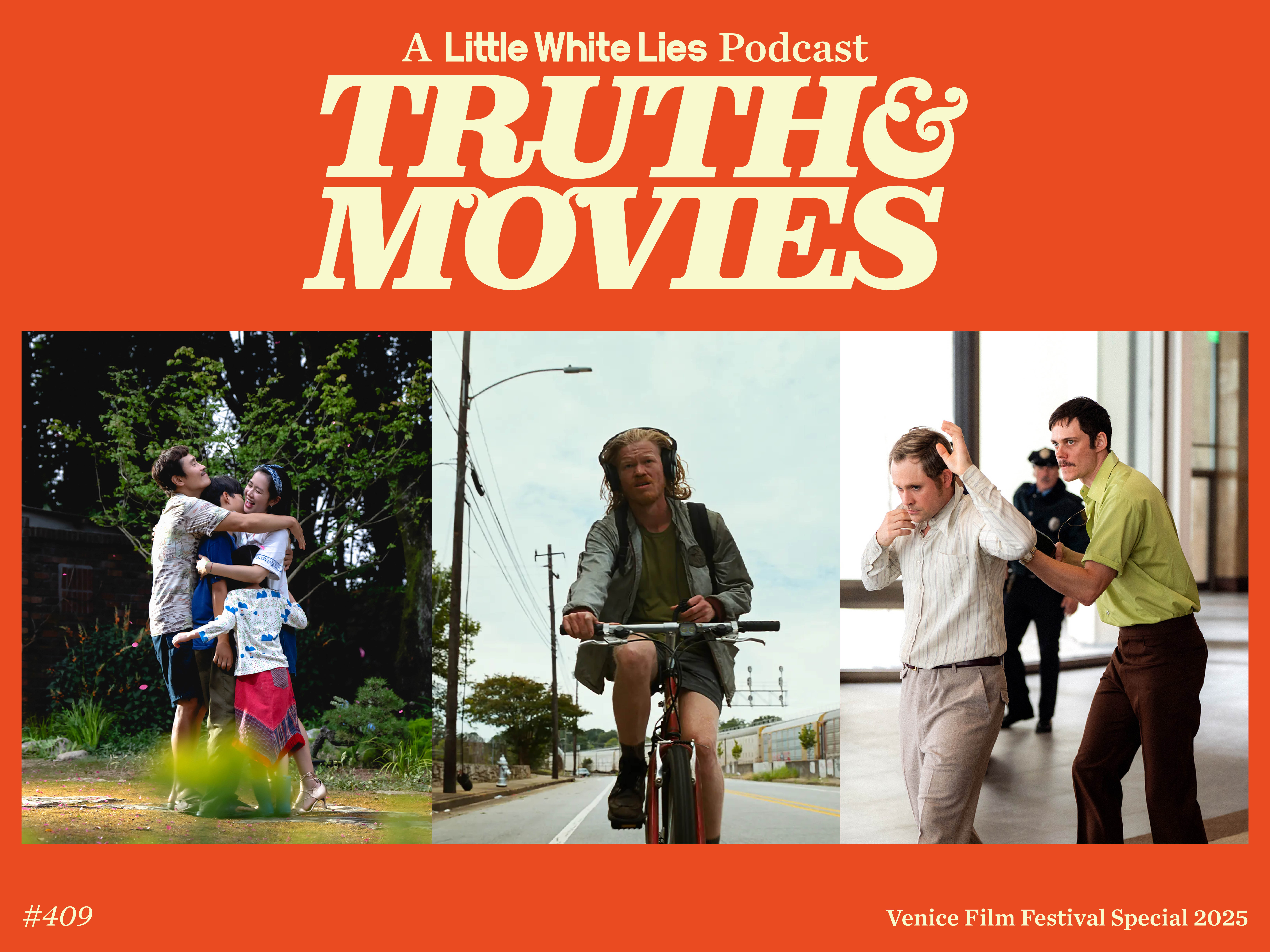 Orange podcast cover with cream text "TRUTH & MOVIES" at top. Three film stills below: family outdoors, person on bicycle, three people indoors.