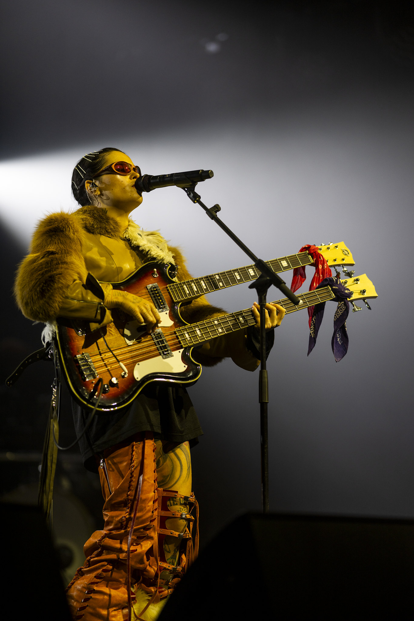 Musician in fur coat and orange sunglasses playing double-neck guitar and bass on stage with dramatic lighting and smoke effects.