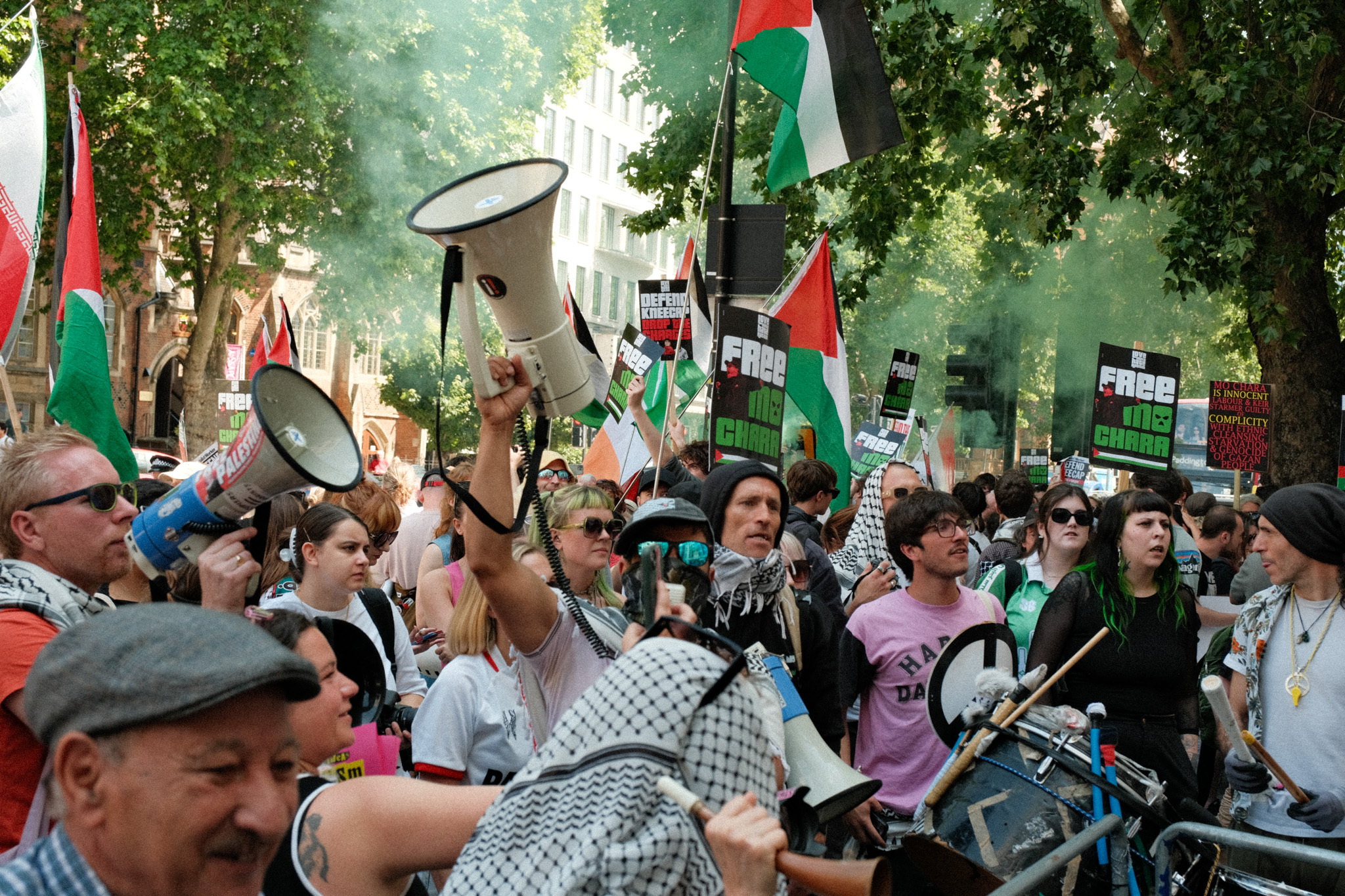 Protesters in a crowd, holding flags and banners, with megaphones and signs. Diverse group of people of various ages demonstrating in an outdoor setting with trees and buildings in the background.
