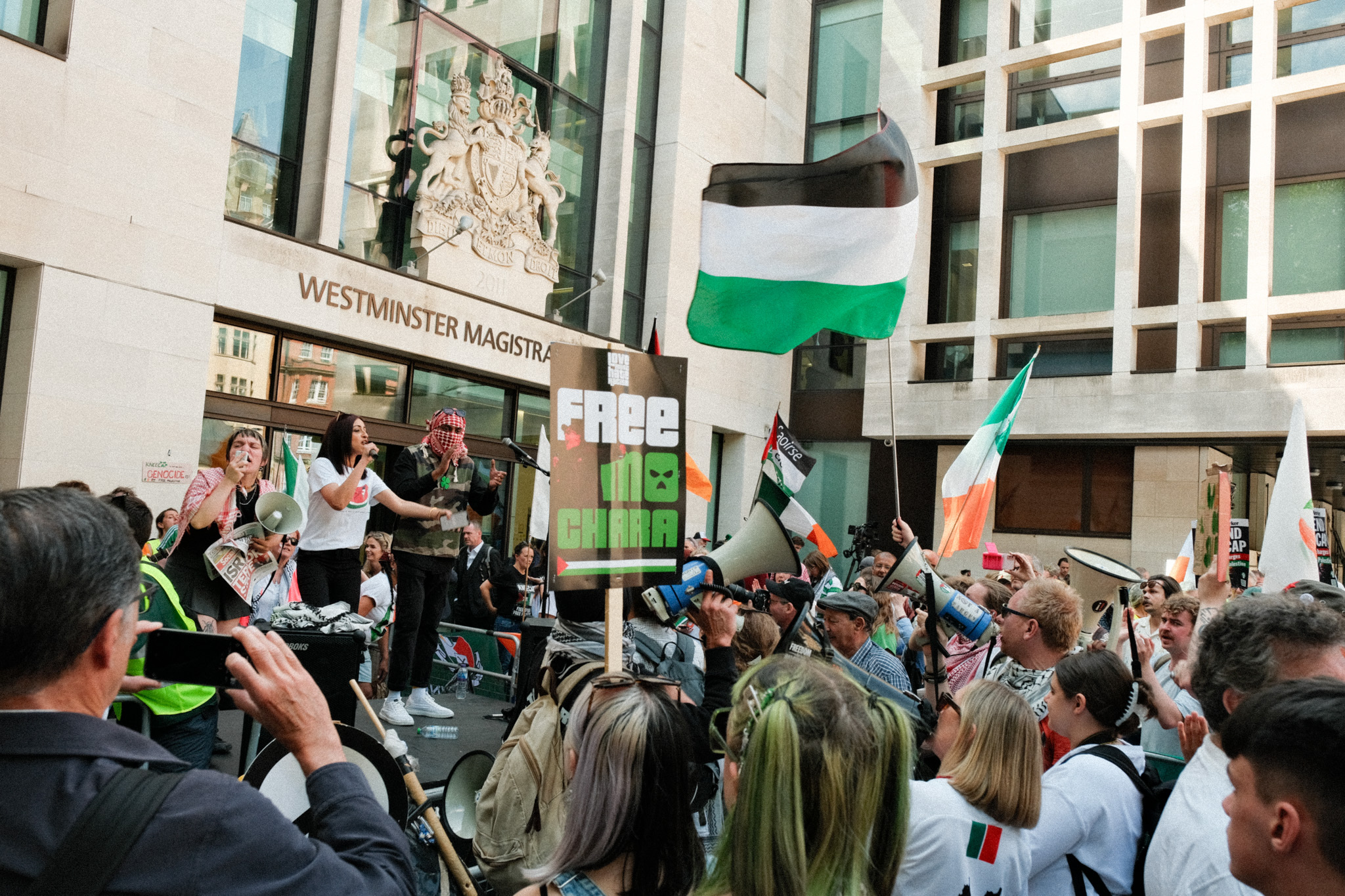 Crowd of protesters outside a building, waving Irish flags and placards.