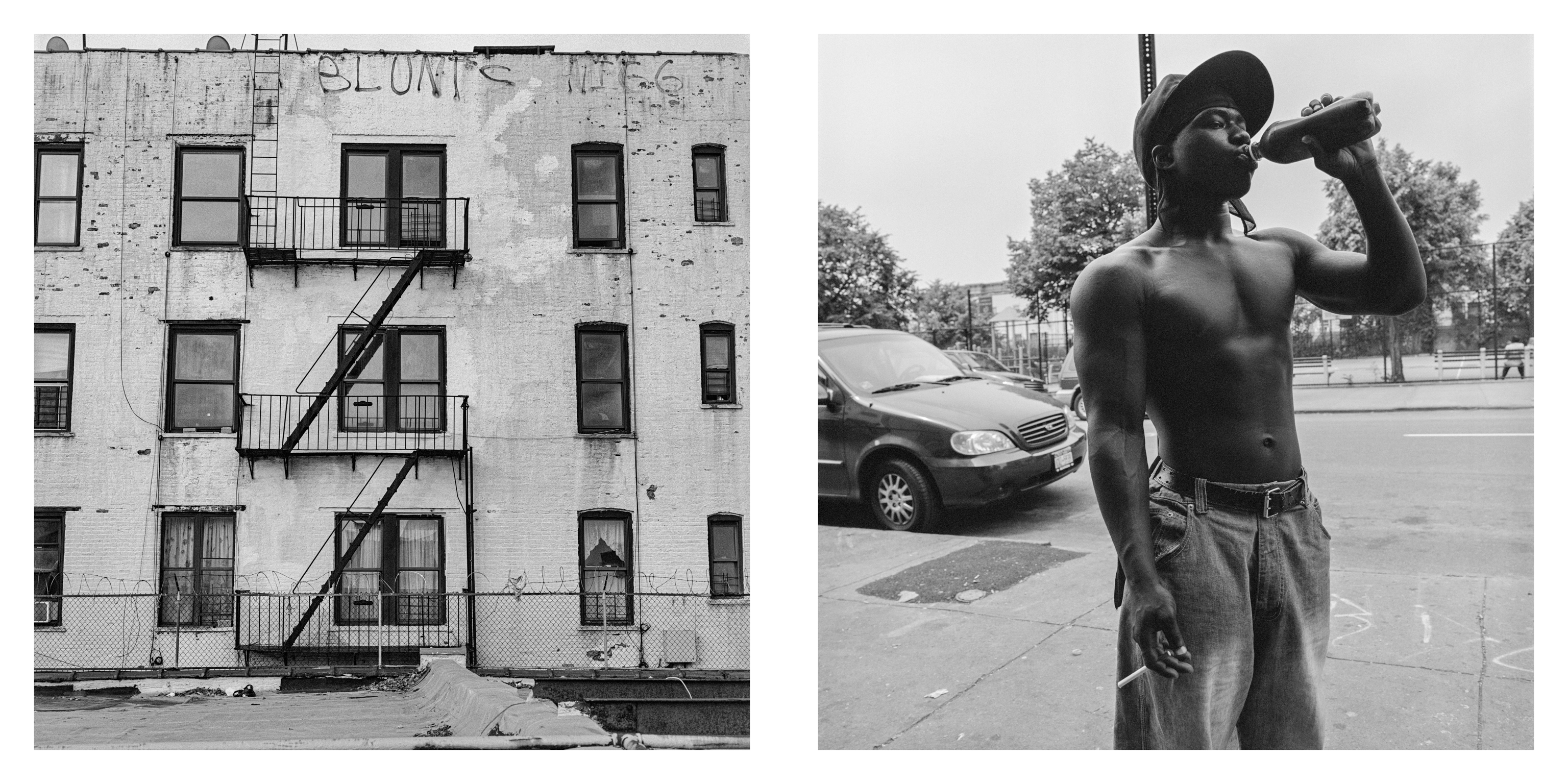 Two black and white images: left shows three-storey brick building with fire escape and multiple windows; right shows shirtless man drinking from bottle on street with car behind.