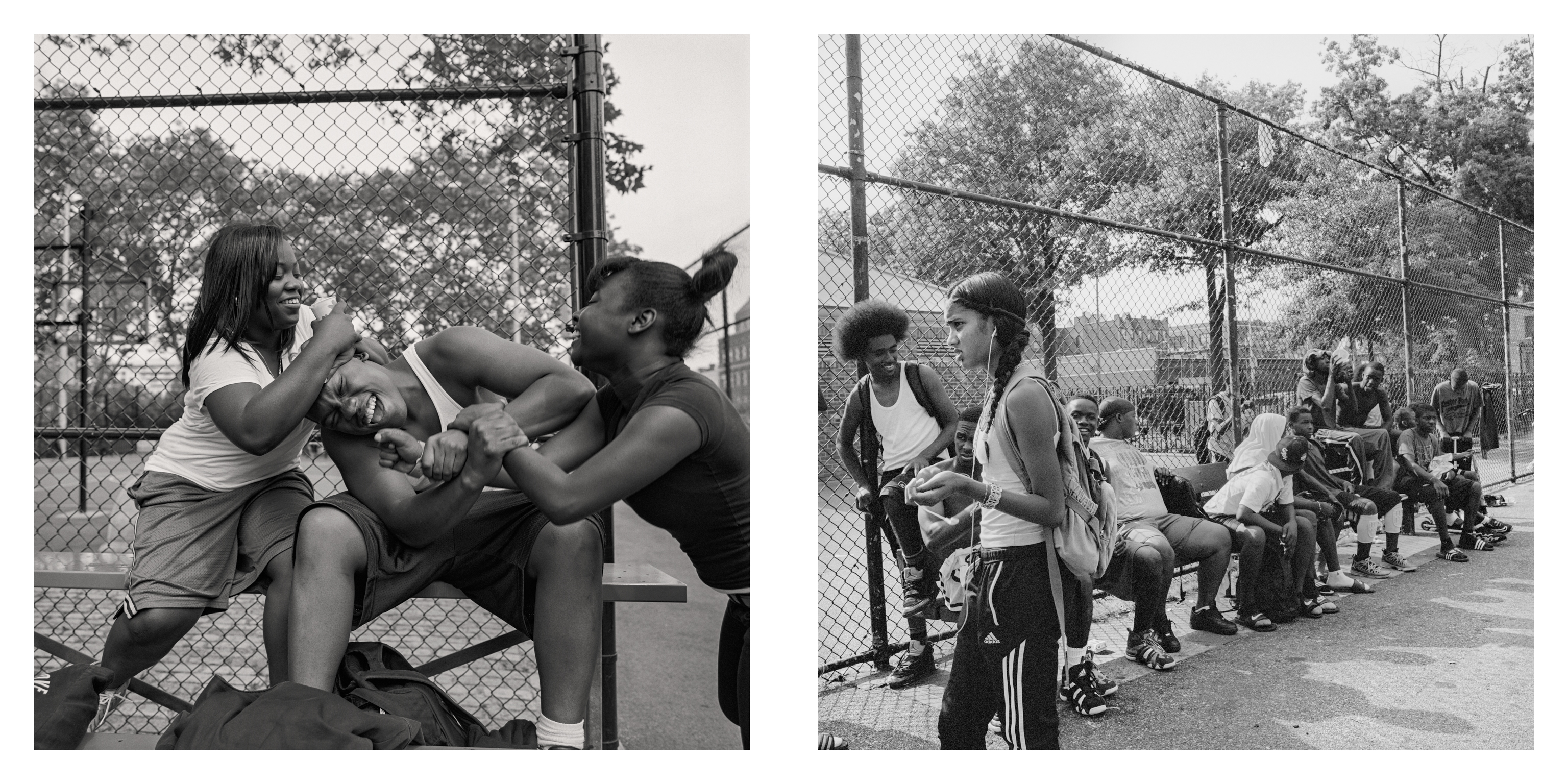 Two black and white images: Left shows people sitting on bench by chain-link fence; Right shows row of people on bench beside basketball court