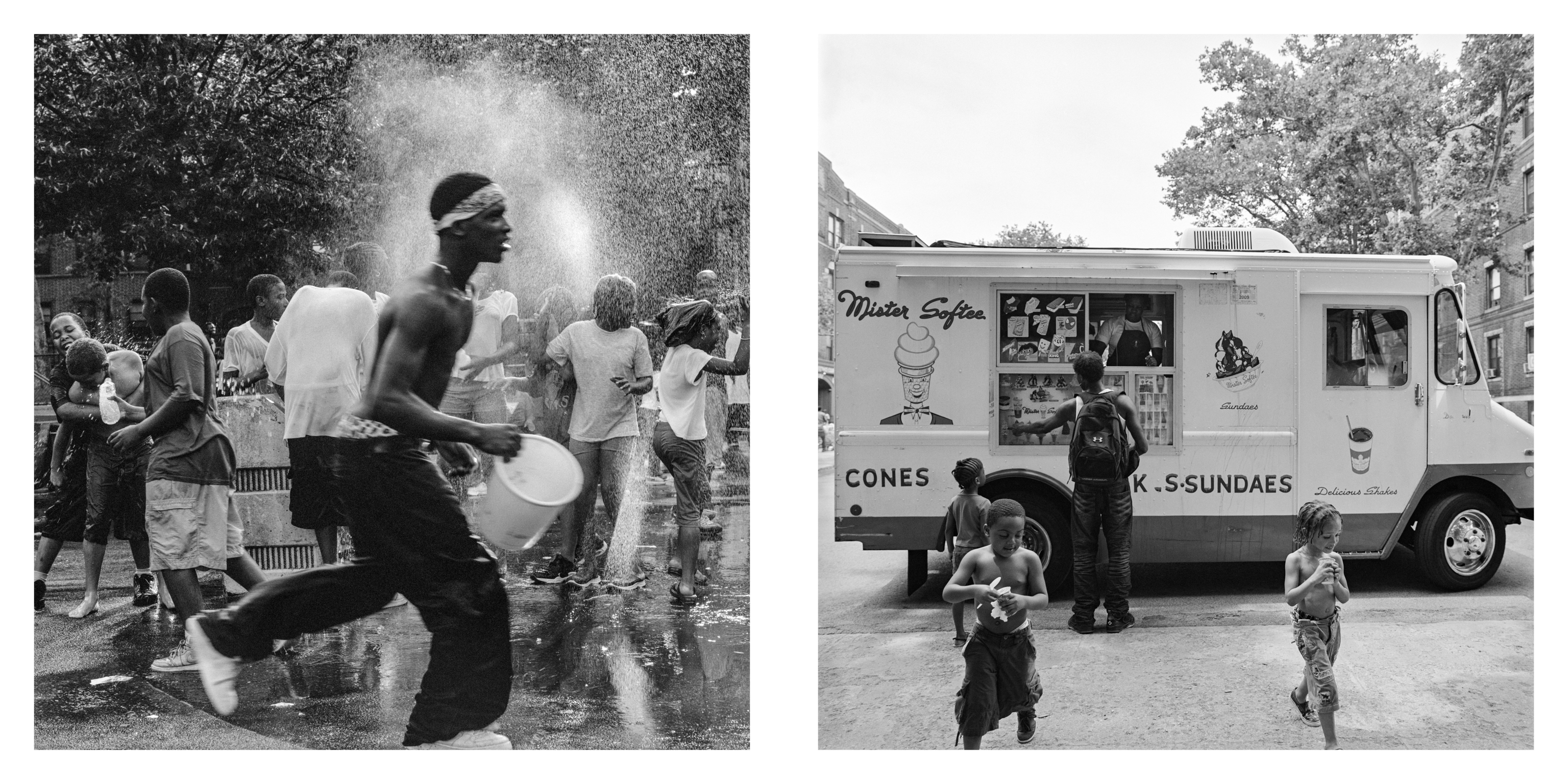 Two black and white images side by side: left shows people running through water spray on a street; right shows ice cream van with children nearby.