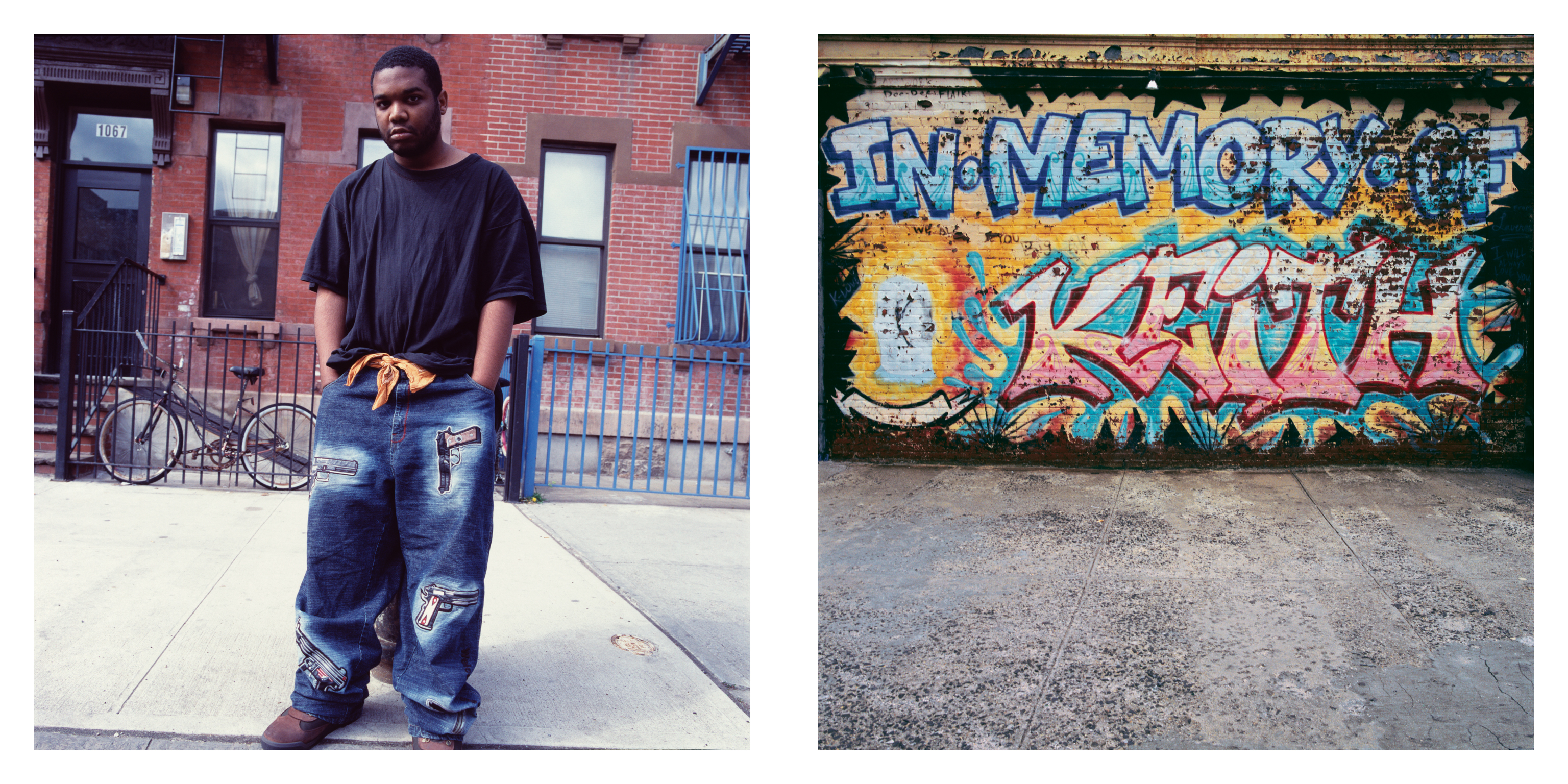 Black man in dark t-shirt and jeans standing on pavement outside red brick building with metal railings.

Colourful graffiti wall featuring blue and yellow lettering with green, pink and orange elements on concrete surface.