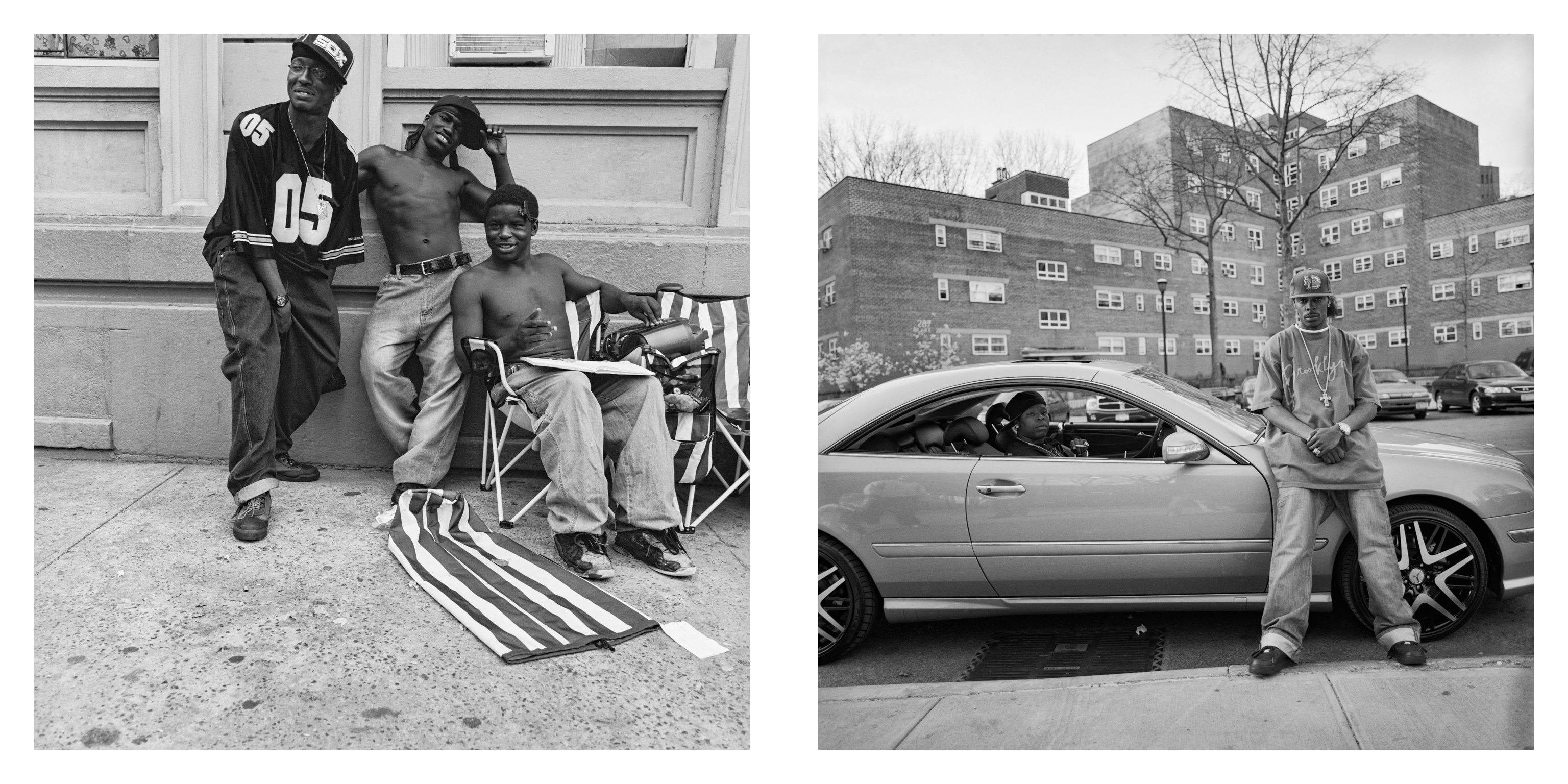 Two black and white photographs side by side showing groups of people outdoors near buildings, one with striped fabric on ground, other beside car.