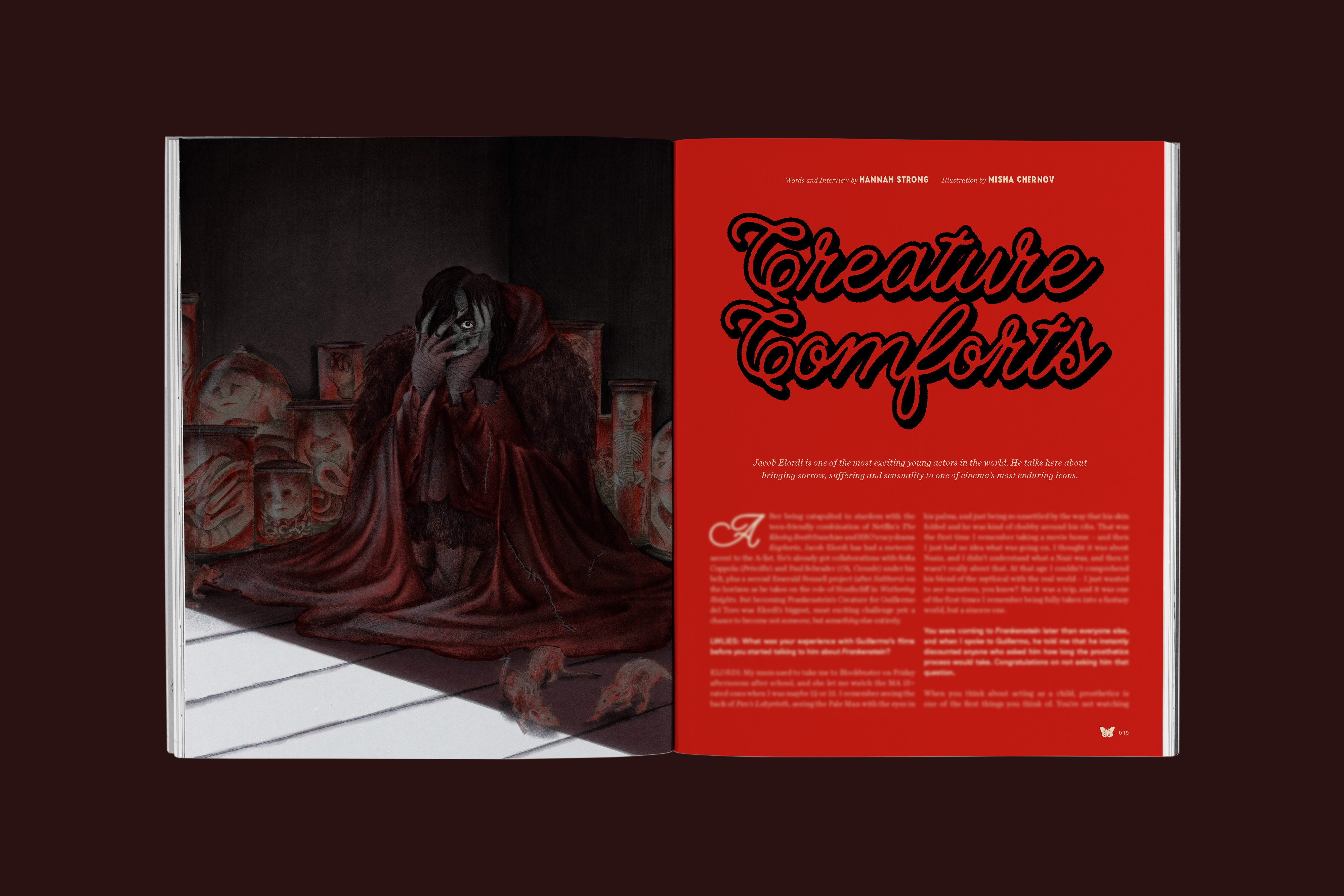 Open magazine spread with dark sculptural artwork on left page, bright red right page with black cursive "Creative Conflicts" text.