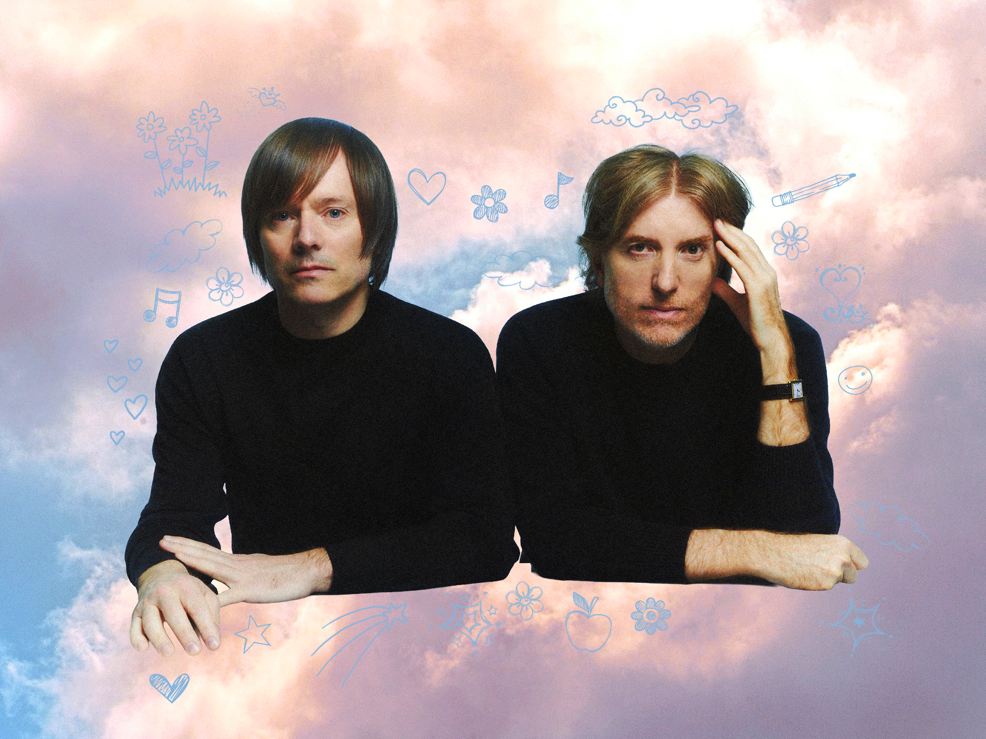 Two men in black tops against pastel pink and blue cloudy background with scattered geometric shapes and symbols.