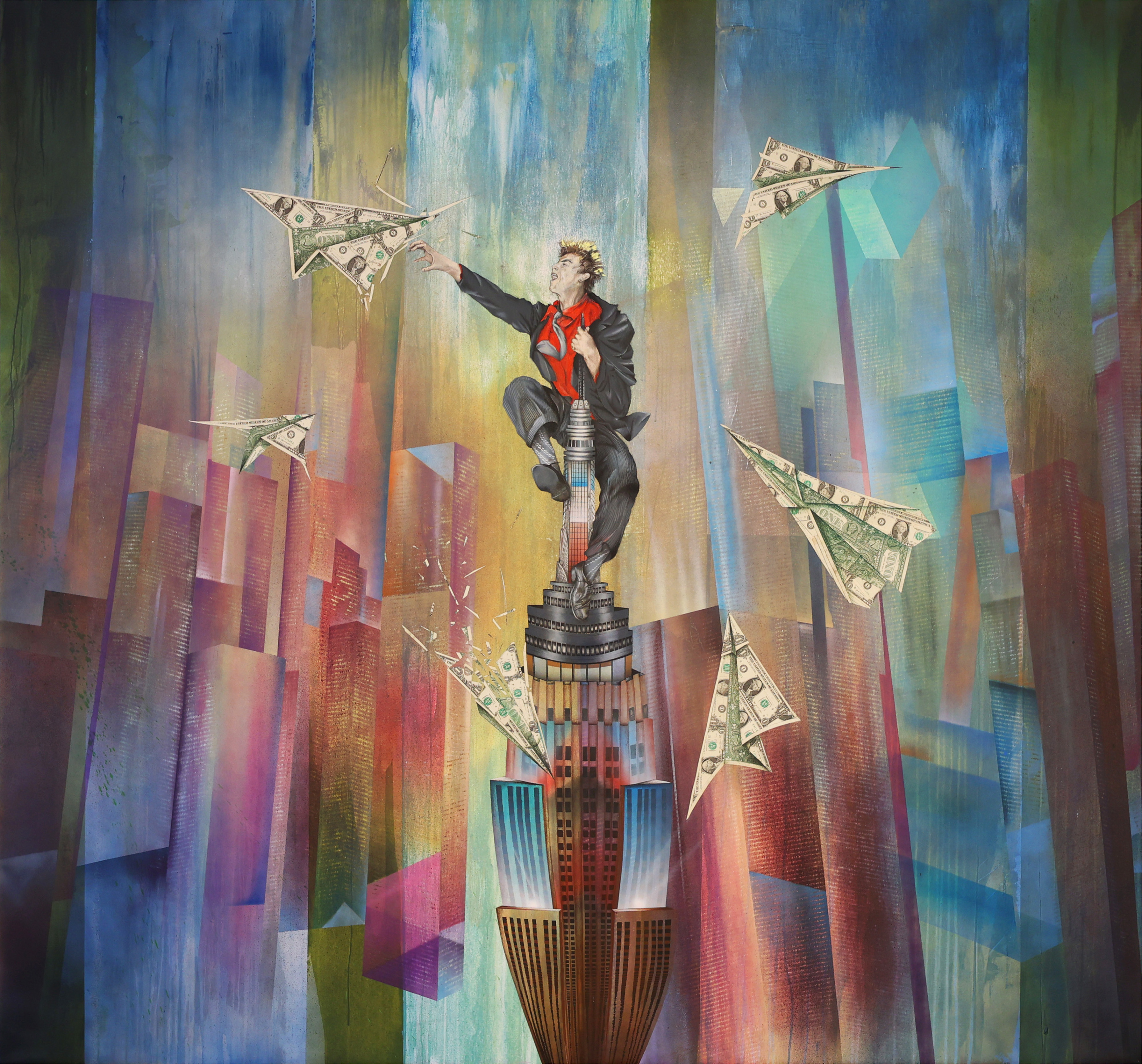 Figure in red jacket atop geometric tower structure with paper aeroplanes floating around, set against vertical streaks of blue, green, yellow and purple colours.