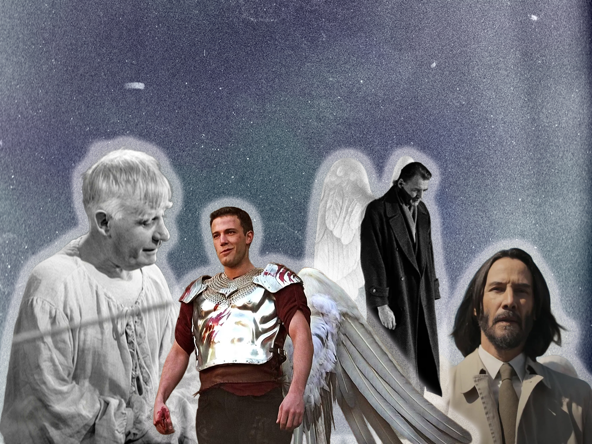 Digital collage with mottled grey-purple background showing five figures: elderly man in white, uniformed soldier, winged angel figure in white, man in dark coat, and bearded man in light jacket.