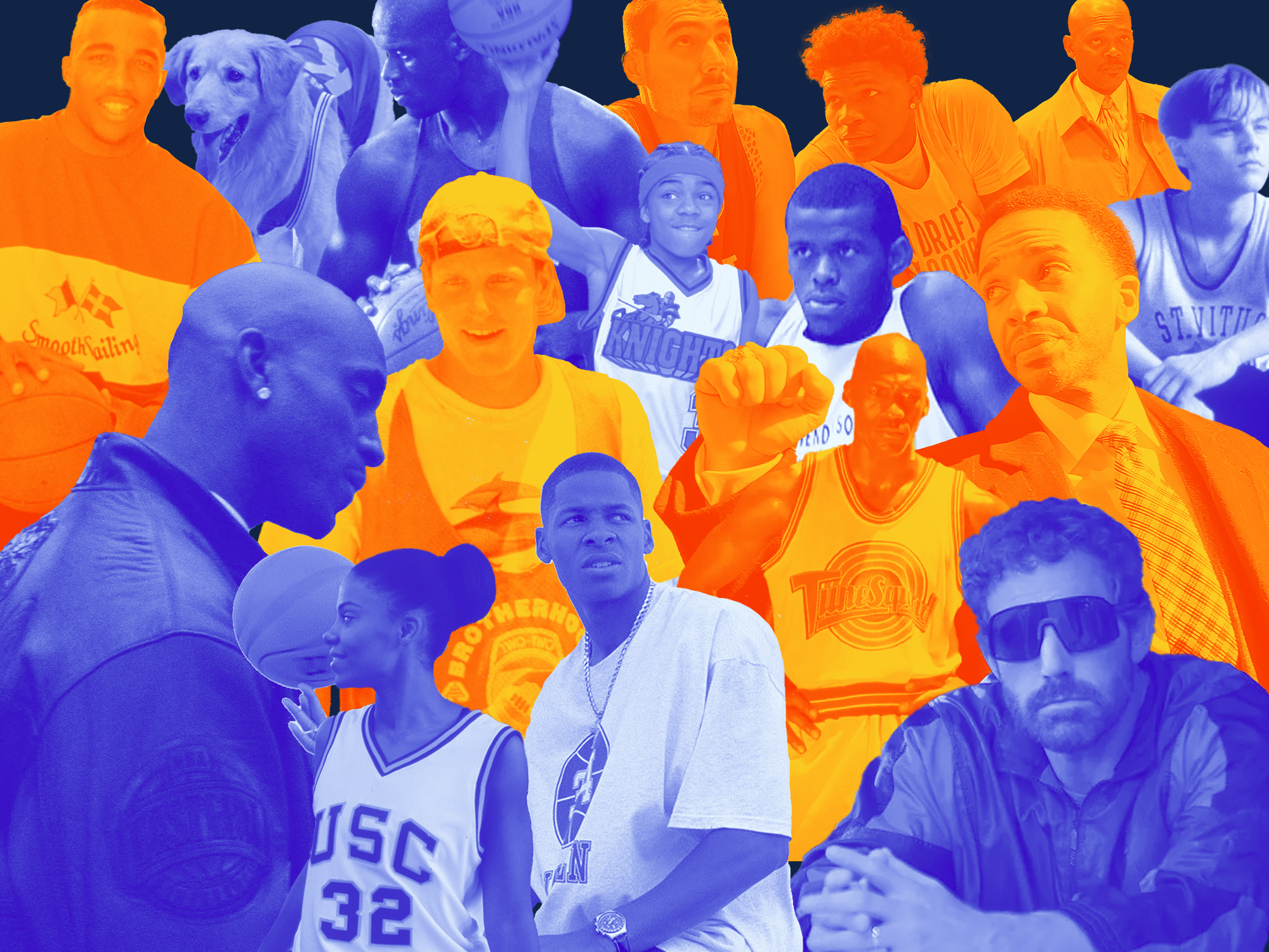 A collage of basketball players in movies with a blue and orange colour gradient.