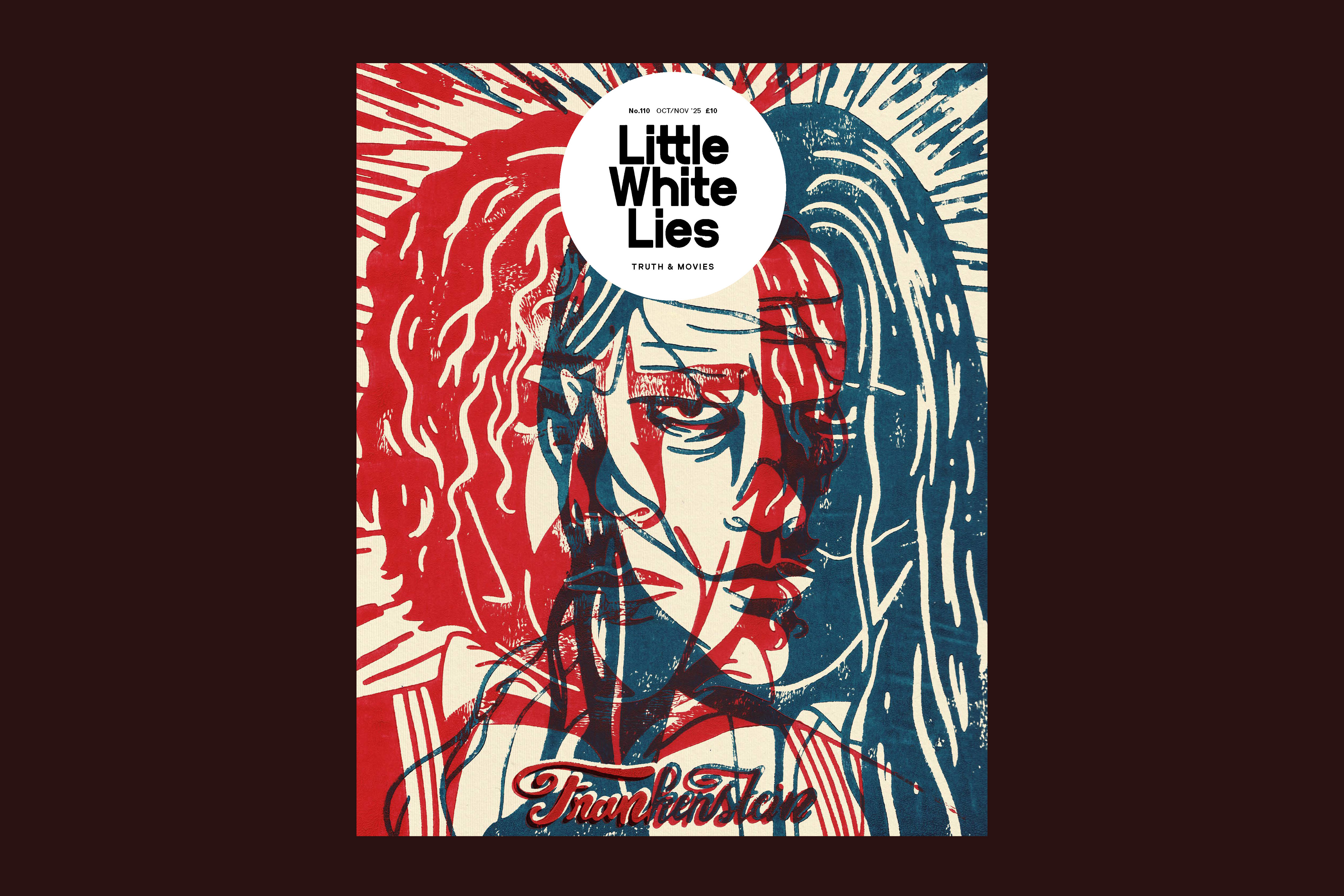 Magazine cover with red and blue illustration of figure with long hair. Bold radiating lines from centre. White circular title area reads "Little White Lies".