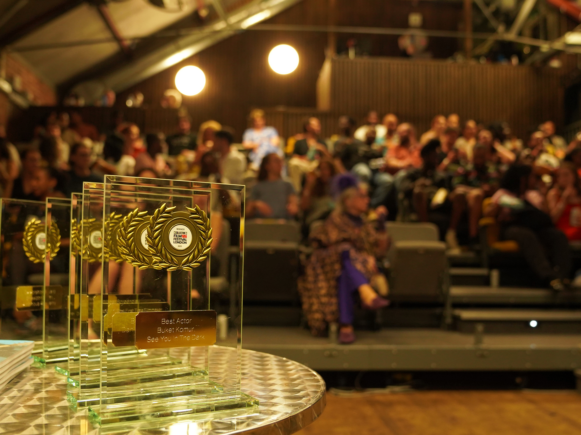 Glass awards with golden emblems on table, blurred crowd in tiered seating under warm lighting in background.